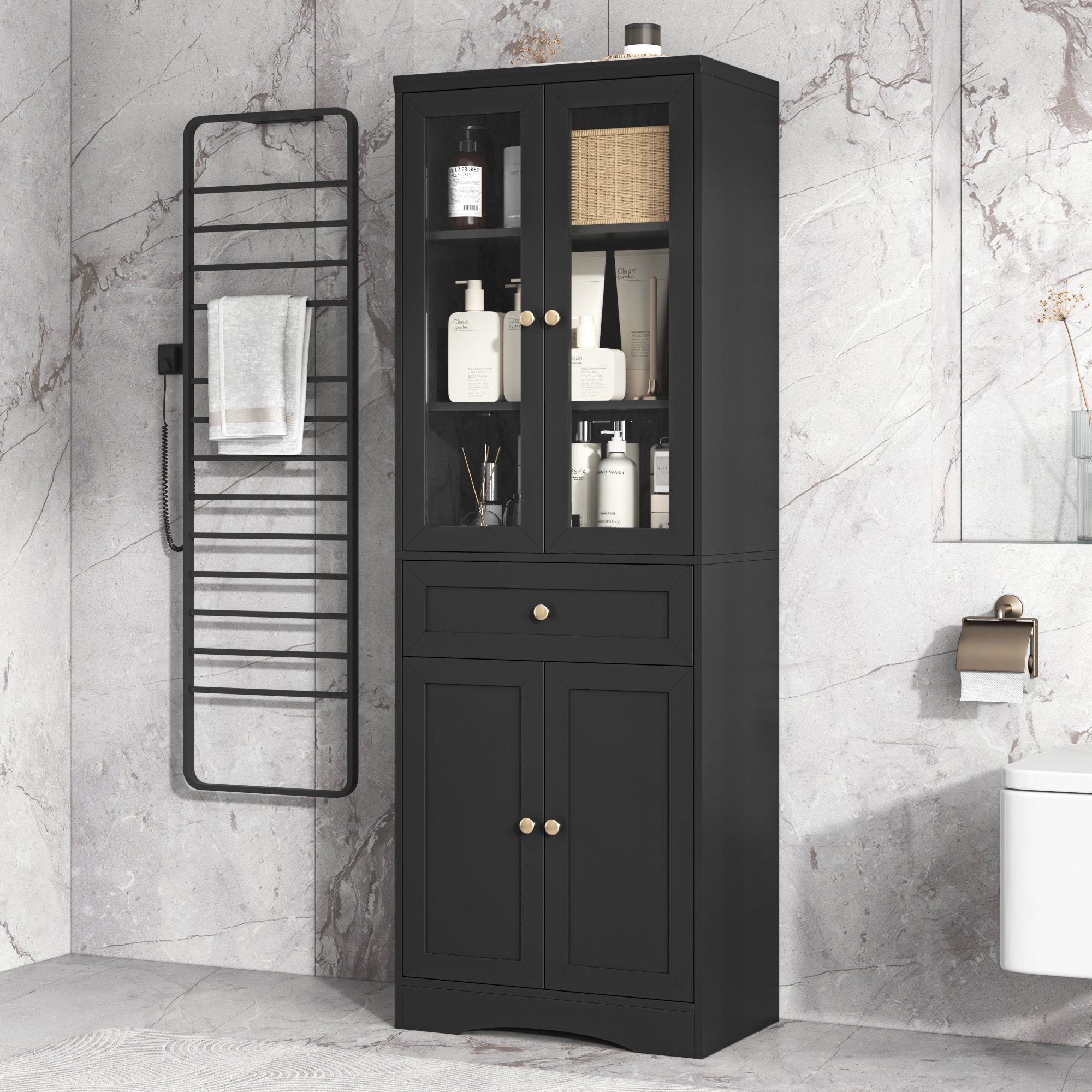 GDFStudio 329814 Tall Bathroom Storage Cabinet with Four Doors and Drawers Adjustable Shelf MDF Board Black
