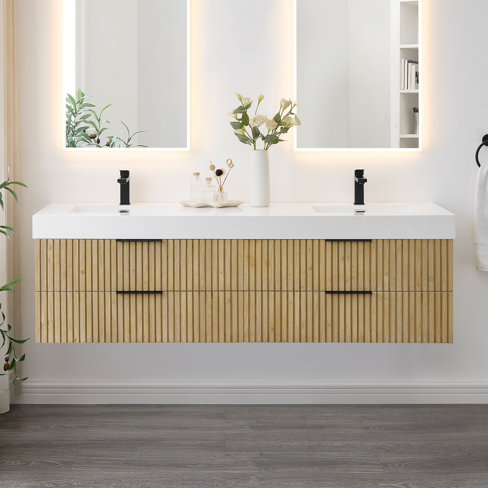 Altair 563072-NB-WH-NM Livia 72-in Nature Brown Double Sink Floating Bathroom Vanity with White Engineered Stone Top