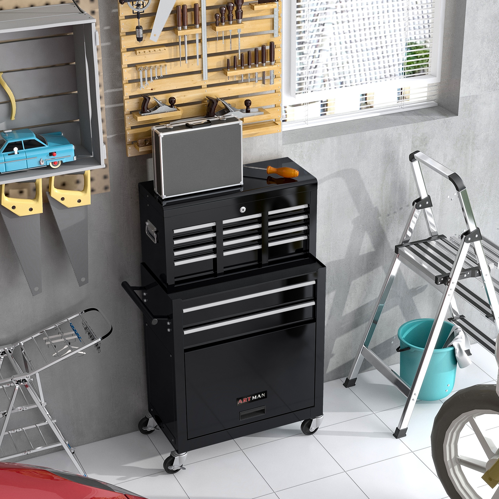 LOVMOR  8 Drawer Ball Bearing Slide Tool Chest Lockable Tool Storage Organizer for Garage Workshop with Locking Wheels Steel Black