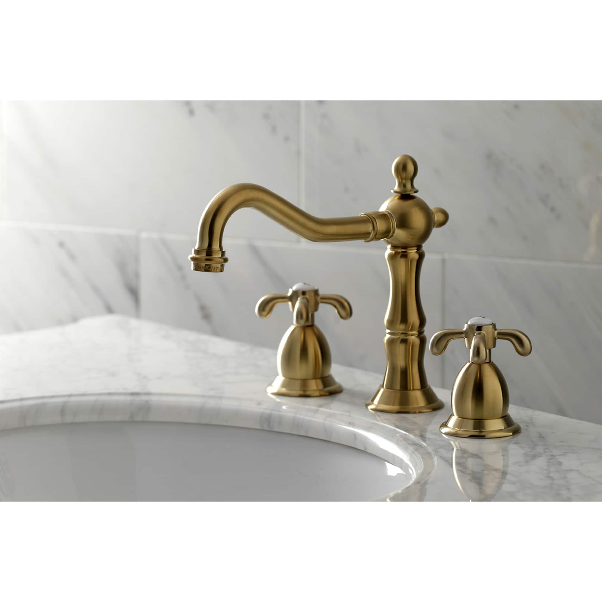 Kingston Brass WLKS1977TX French Country Brushed brass Widespread 2-handle High-arc Residential Handle Bathroom Sink Faucet with Drain