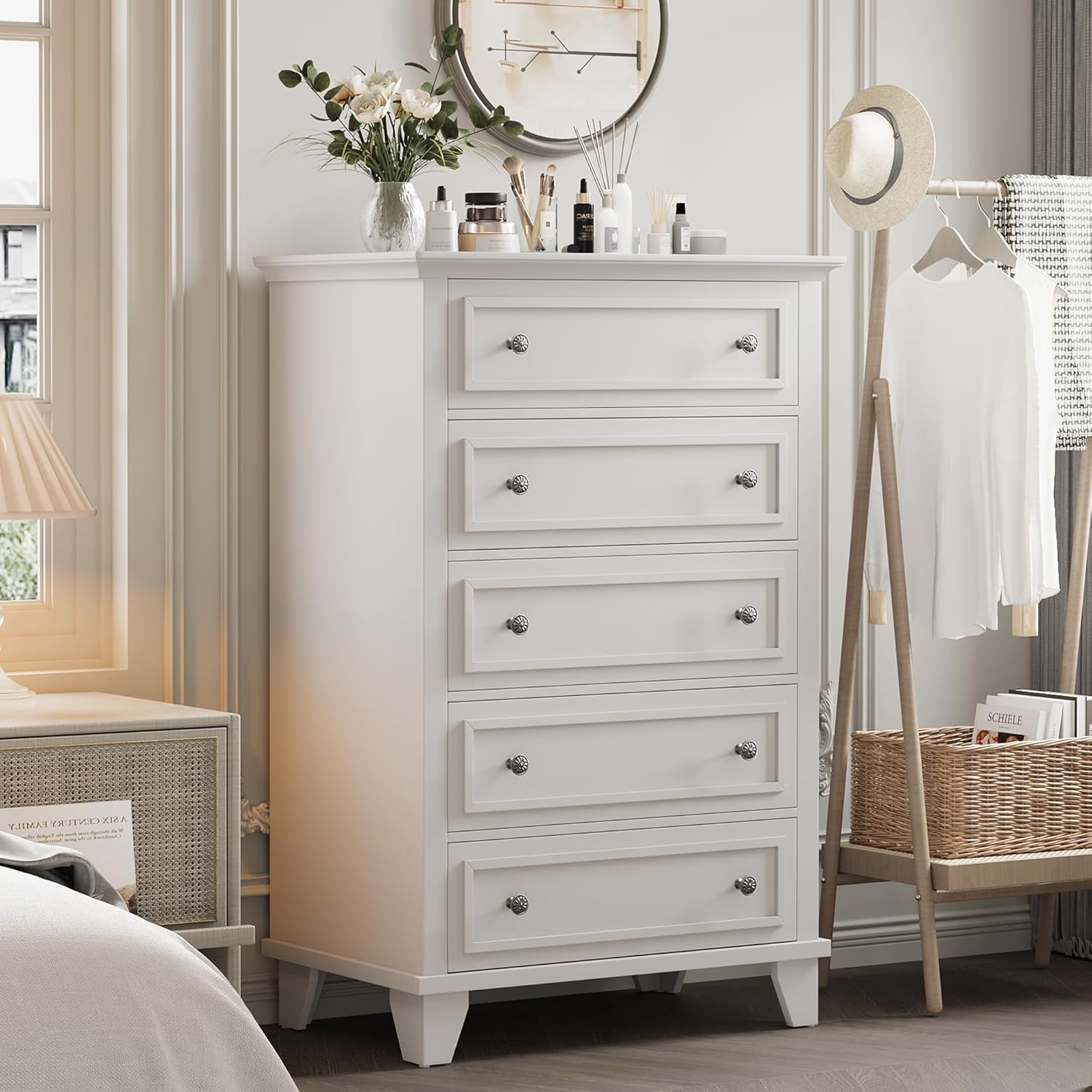 Qeetex LHF-DG-PCMK98U14 White 5 Drawer Dresser for Bedroom - 48 Inch Tall Wood Dresser and Chests of Drawers with Deep Drawers - Modern Chest Organizer with Metal Handles for Living Room/Hallway/Entryway