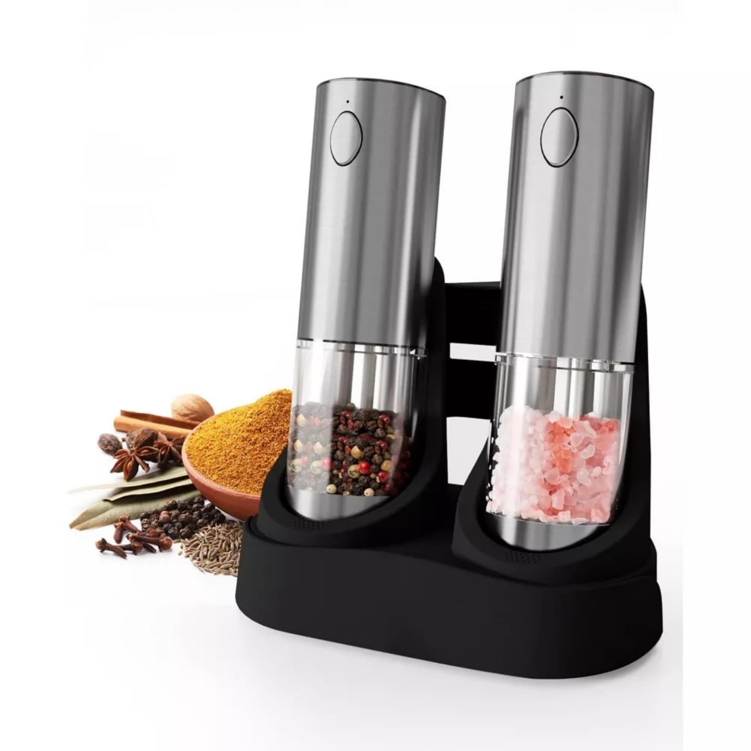 SUGIFT Electric Salt and Pepper Grinder Set Rechargeable Stainless Steel LED Light Type-C Charging Base 4 Coarseness Settings 95ml