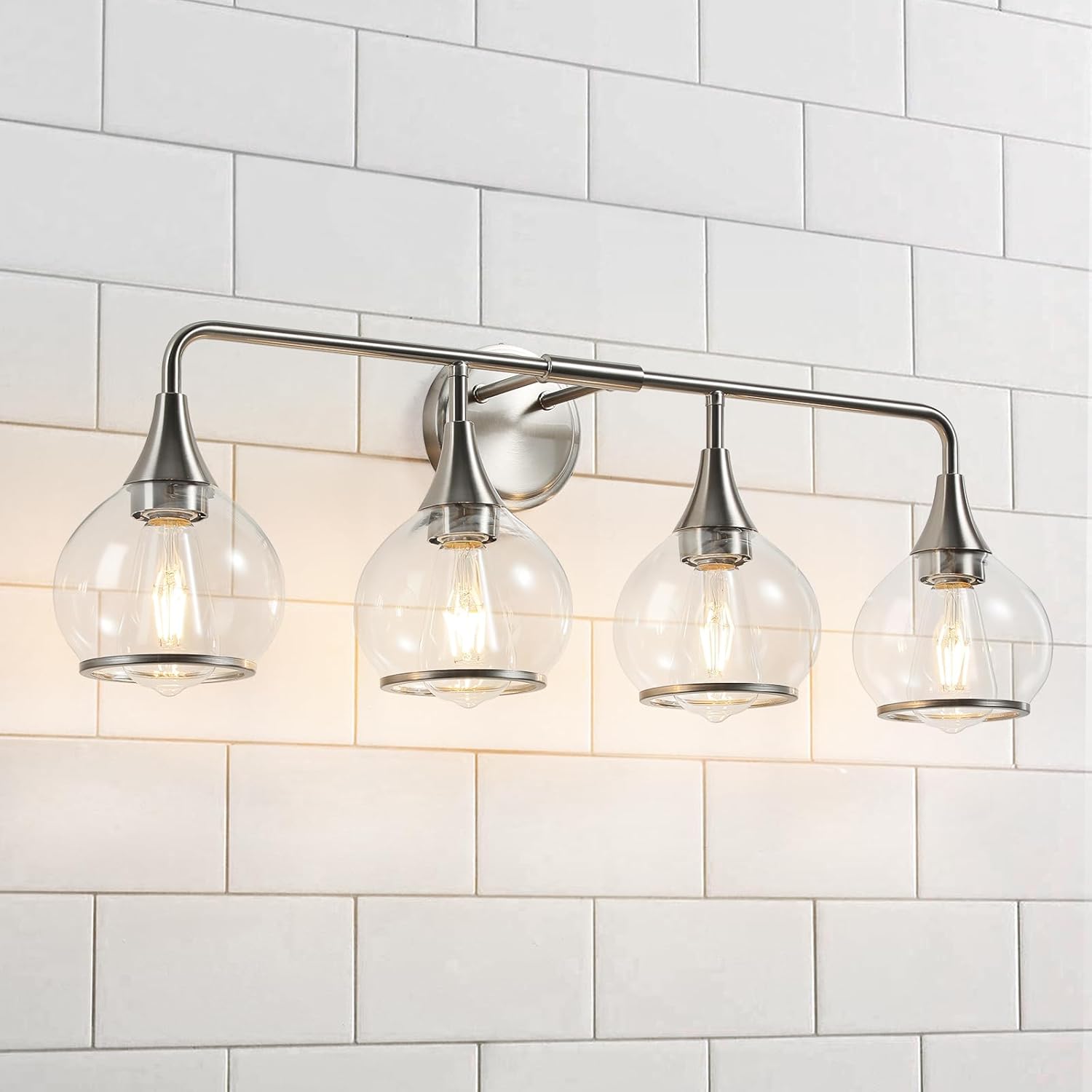 KAISITE 31 in. 4-Light Nickel Bathroom Vanity Light with Clear Globe Glass Shades