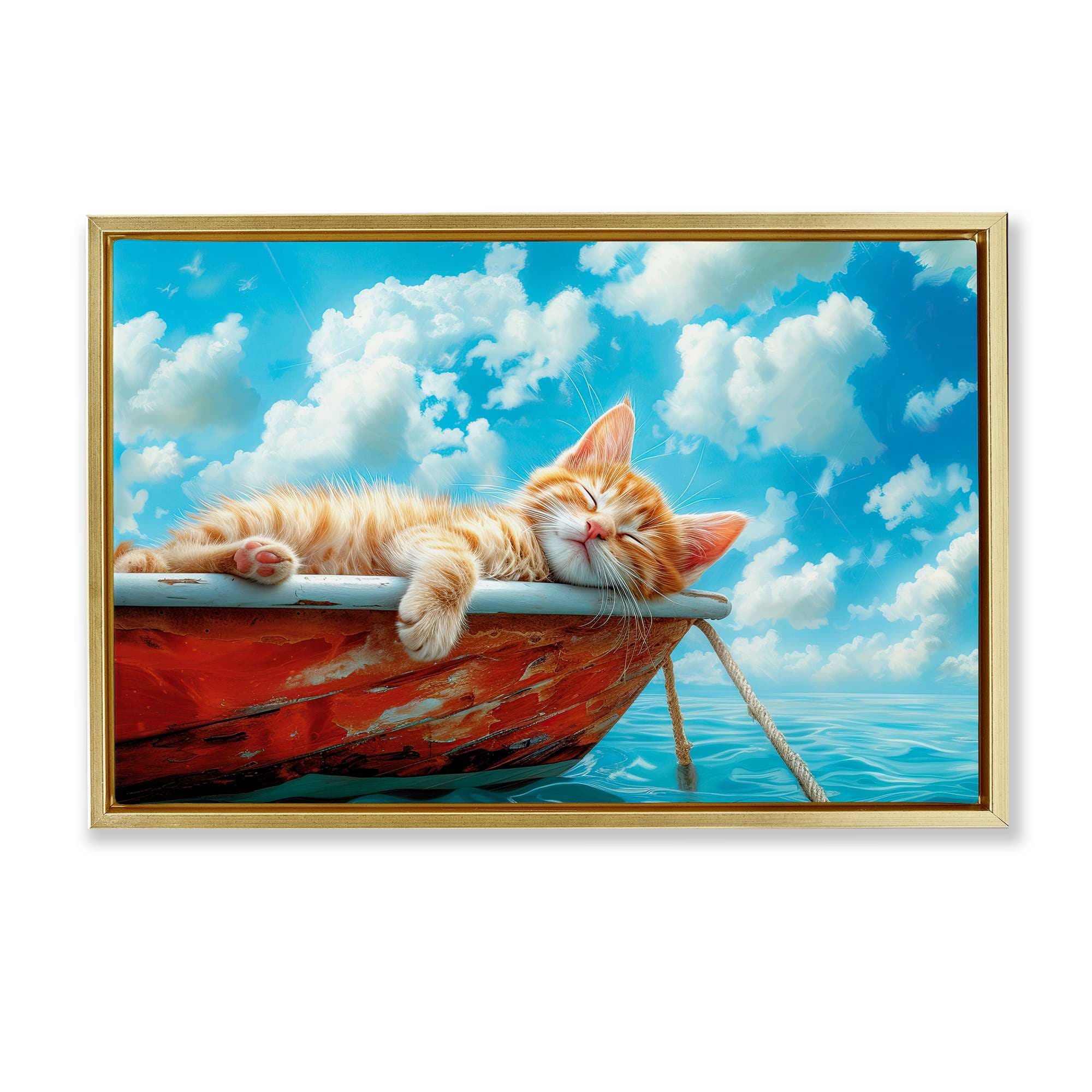 Stupell Industries BT-355-FFG-20X30 Sleeping Cat on Boat Gold Framed Floater Canvas Wall Art By Parable Visions 31 x 21