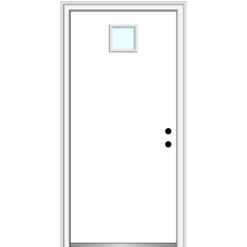 MMI DOOR ZZ365345L 36-in x 80-in x 6-9/16-in Fiberglass 1/4 lite Left-hand inswing Primed Prehung Front Door with Brickmould Insulating core