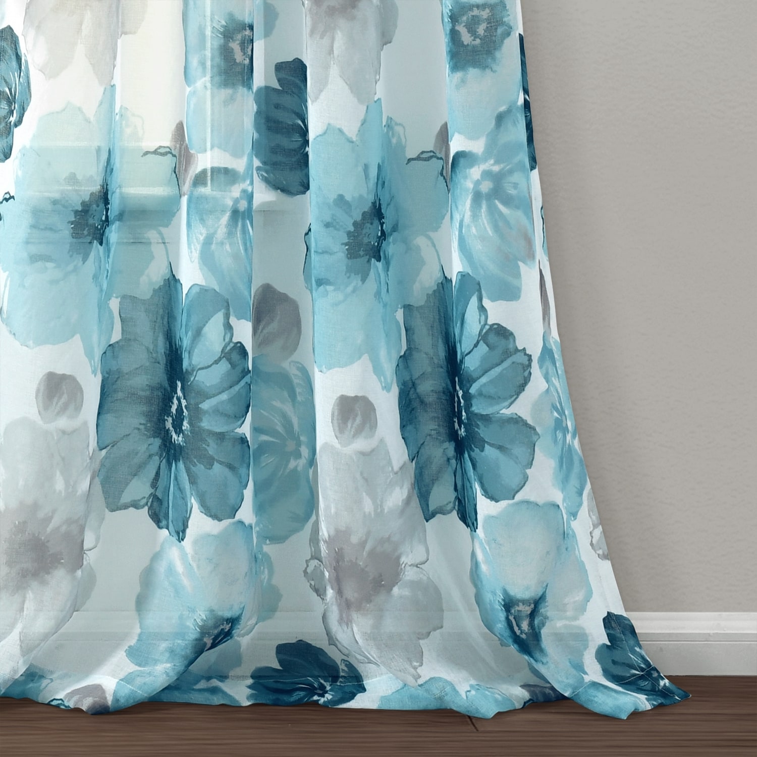 Leah Blue Floral Sheer Polyester Window Curtain Panels