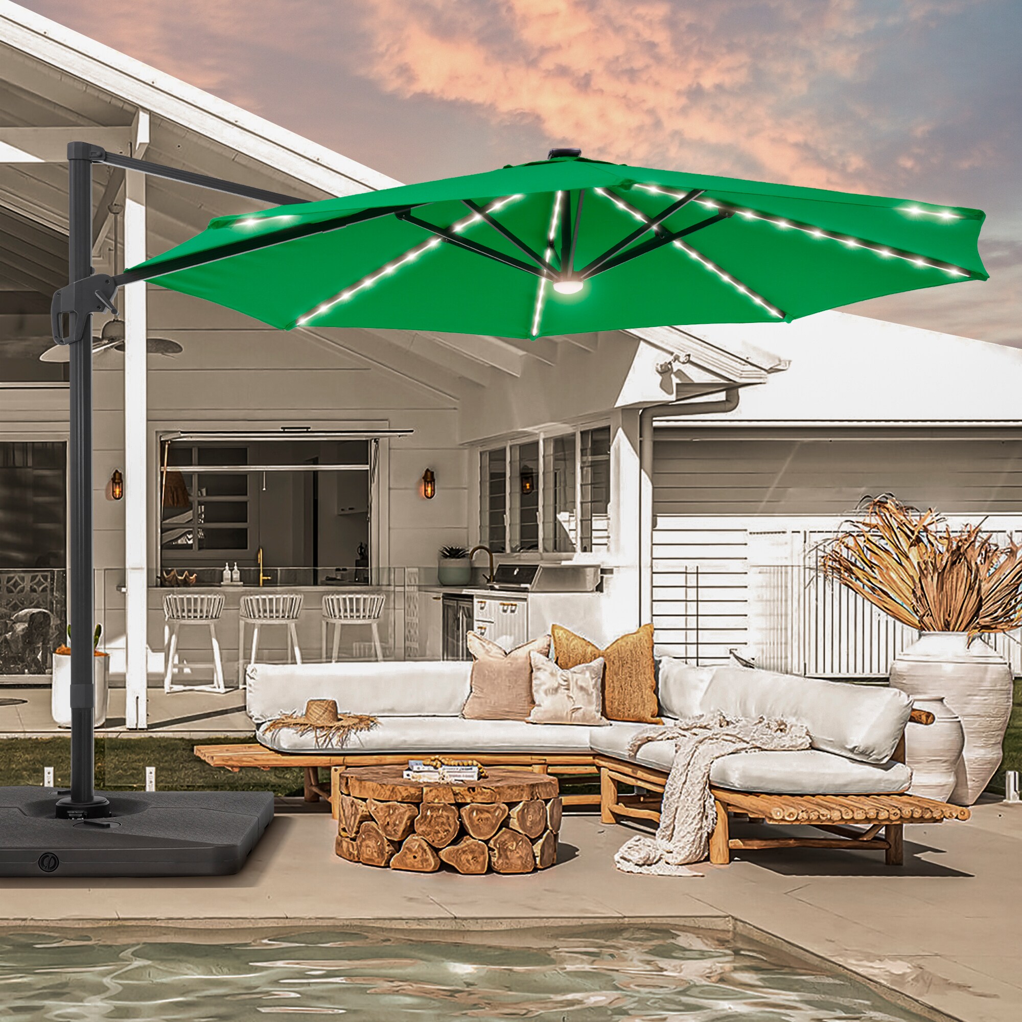 Sonkuki SD-LED140KG-BASE 11-Feet Aluminum Green Cantilever Patio Umbrella with Lights and