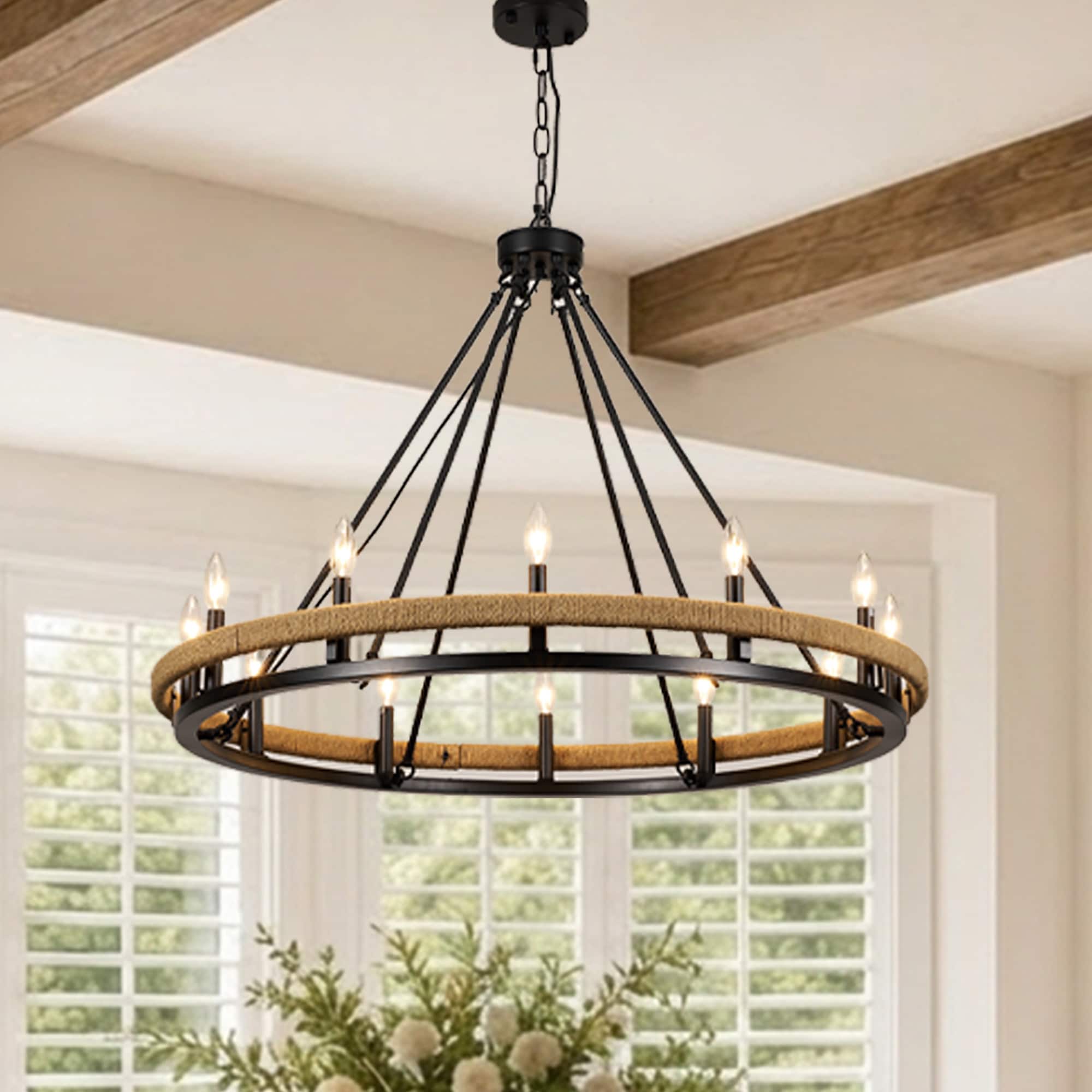kanslol 12-Light Wagon Wheel Distressed Black Seeded Metal Rustic Chandelier