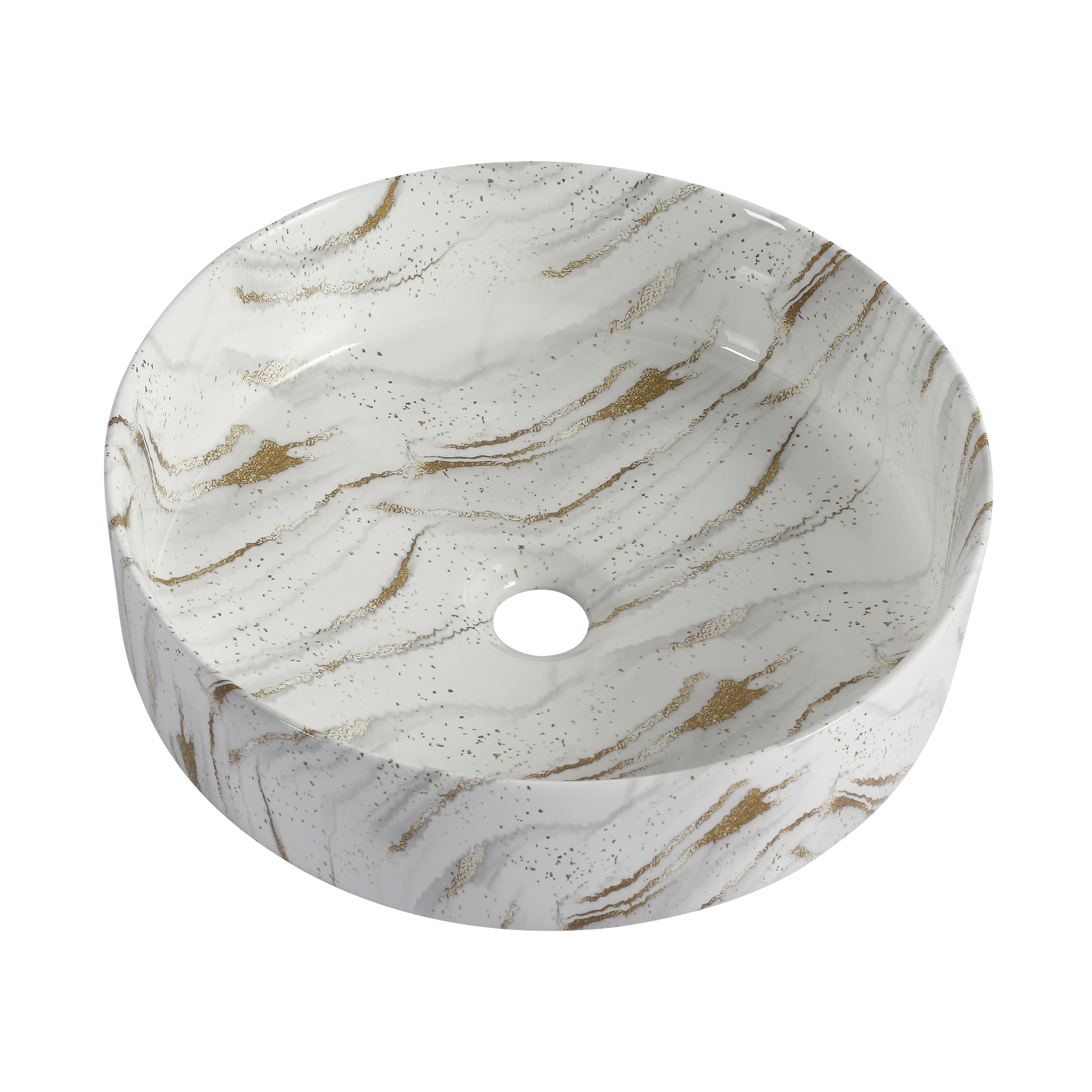 Tatayosi - Ceramic Round Above Counter Bathroom Sink Art Basin White Background With Golden Lines