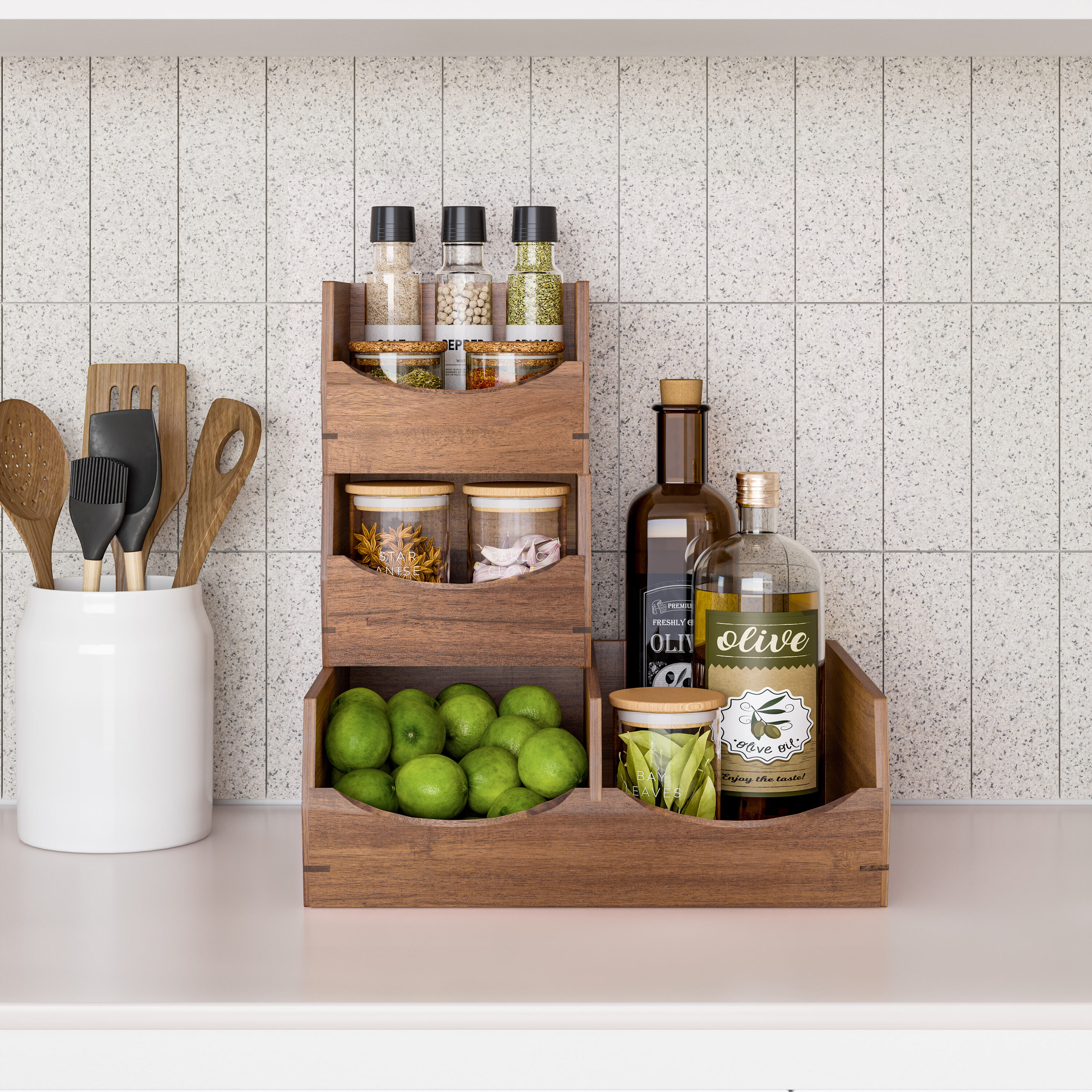 Seville Classics 3 -Pack 14-in W x 9.7-in H x 12.2-in D 2 -Tier Freestanding Acacia Wood Pantry bin