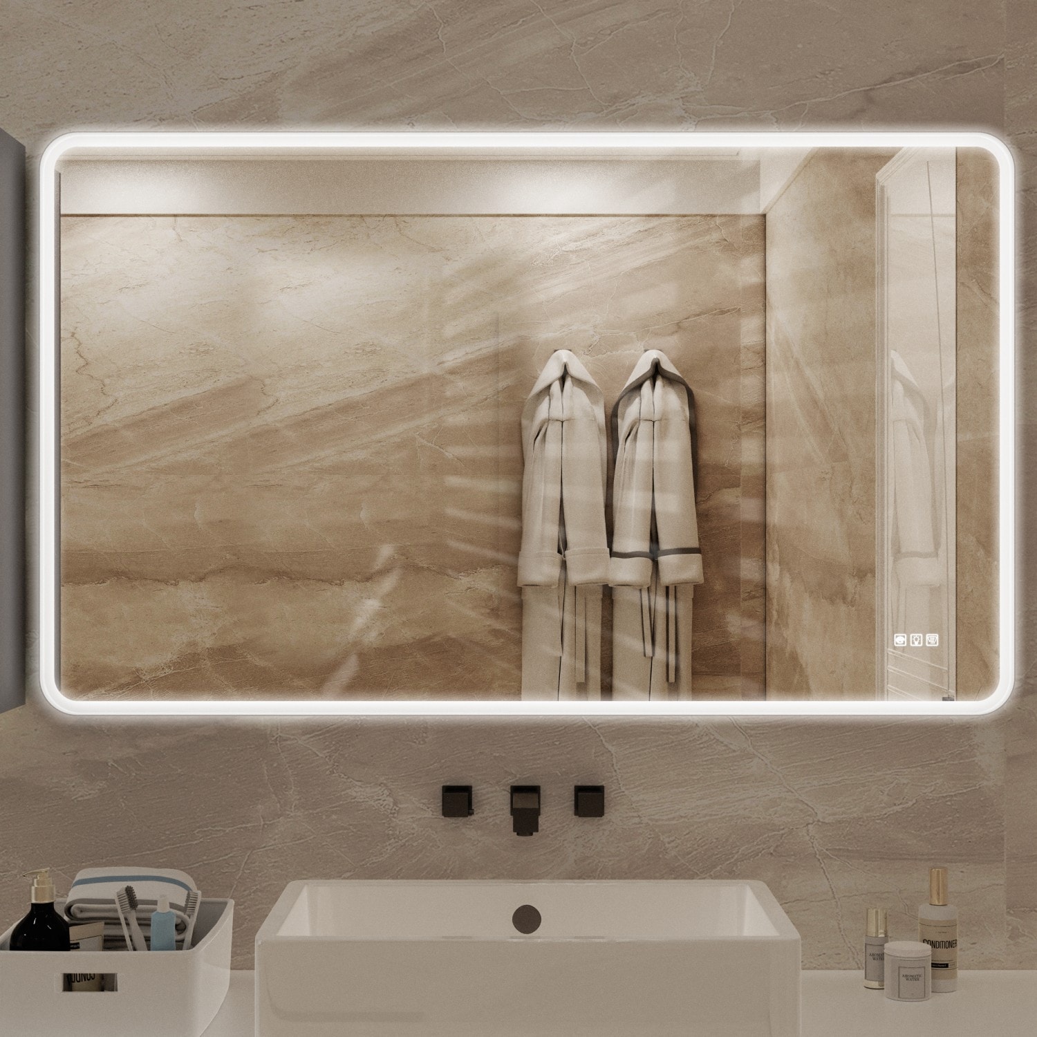 Ayelon 60-in x 36-in Framed Rectangle Dimmable LED Lighted Fog Free Bathroom Vanity Mirror ( Silver )