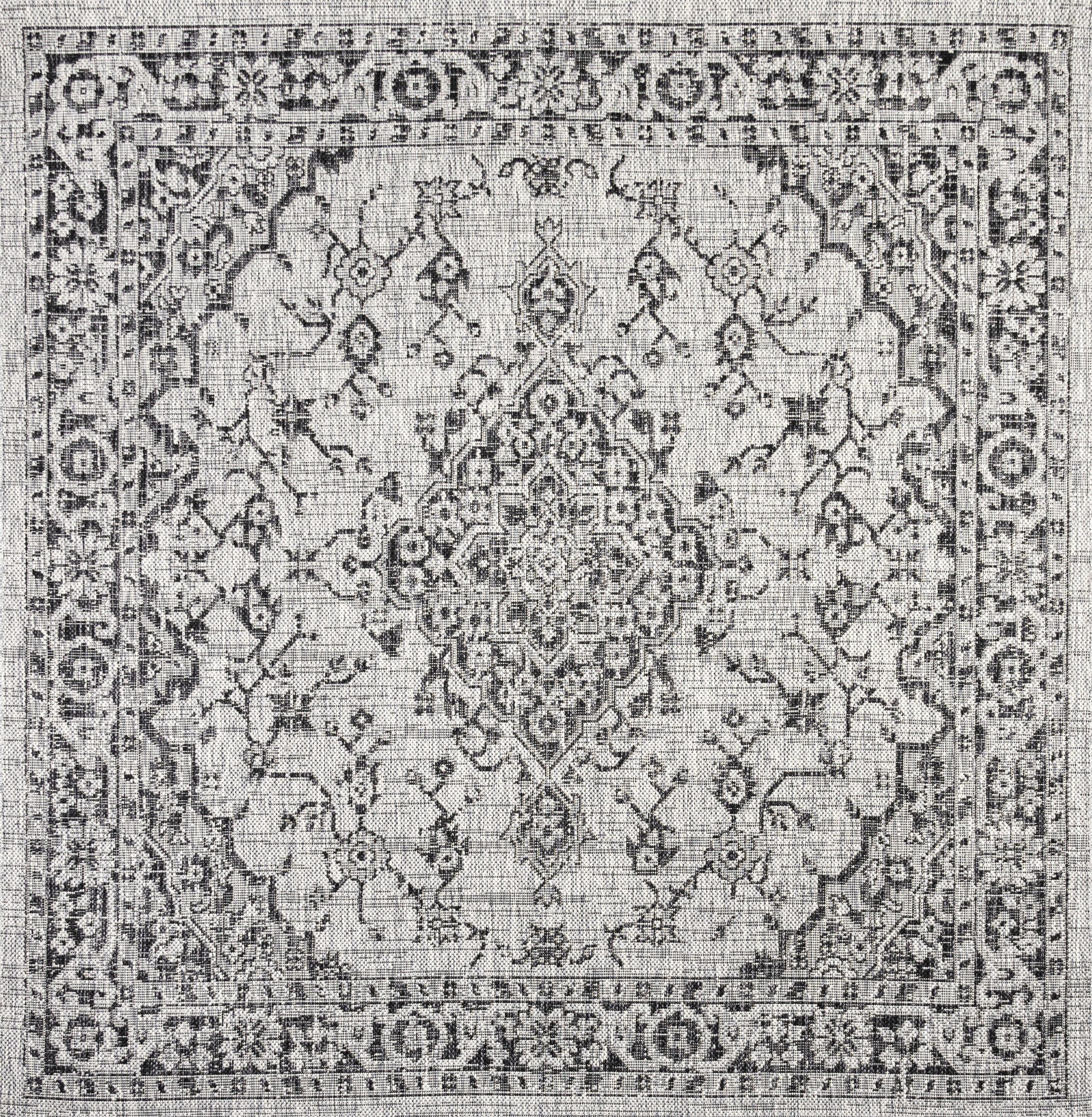 Bohemian Medallion 5' Square Indoor/Outdoor Rug in Gray/Black