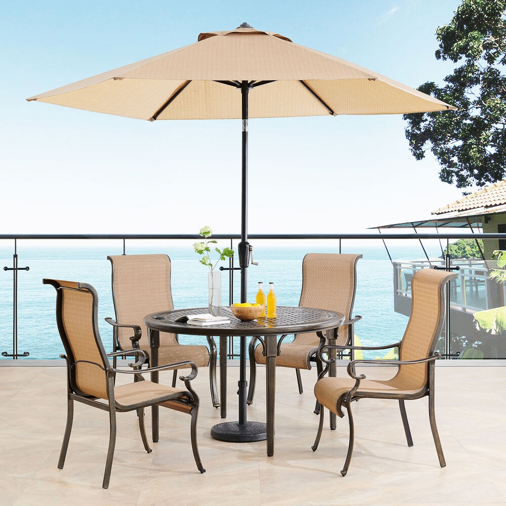 Hanover BRIGDN5PCRD-SU Brigantine 6 -Piece Espresso Bean Patio Dining Set Aluminum Round Table with 4 Tan Stationary Chairs and Umbrella Included