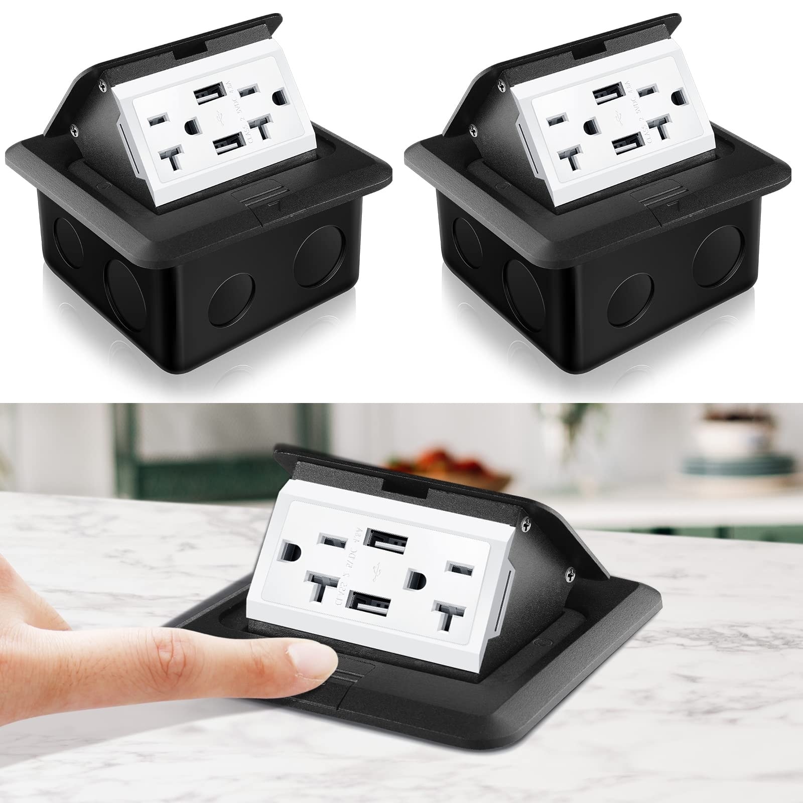 Misopily  2 pack pop up floor electrical outlet cover box kit with USB charger 20 amp tamper resistant waterproof receptacle for countertop