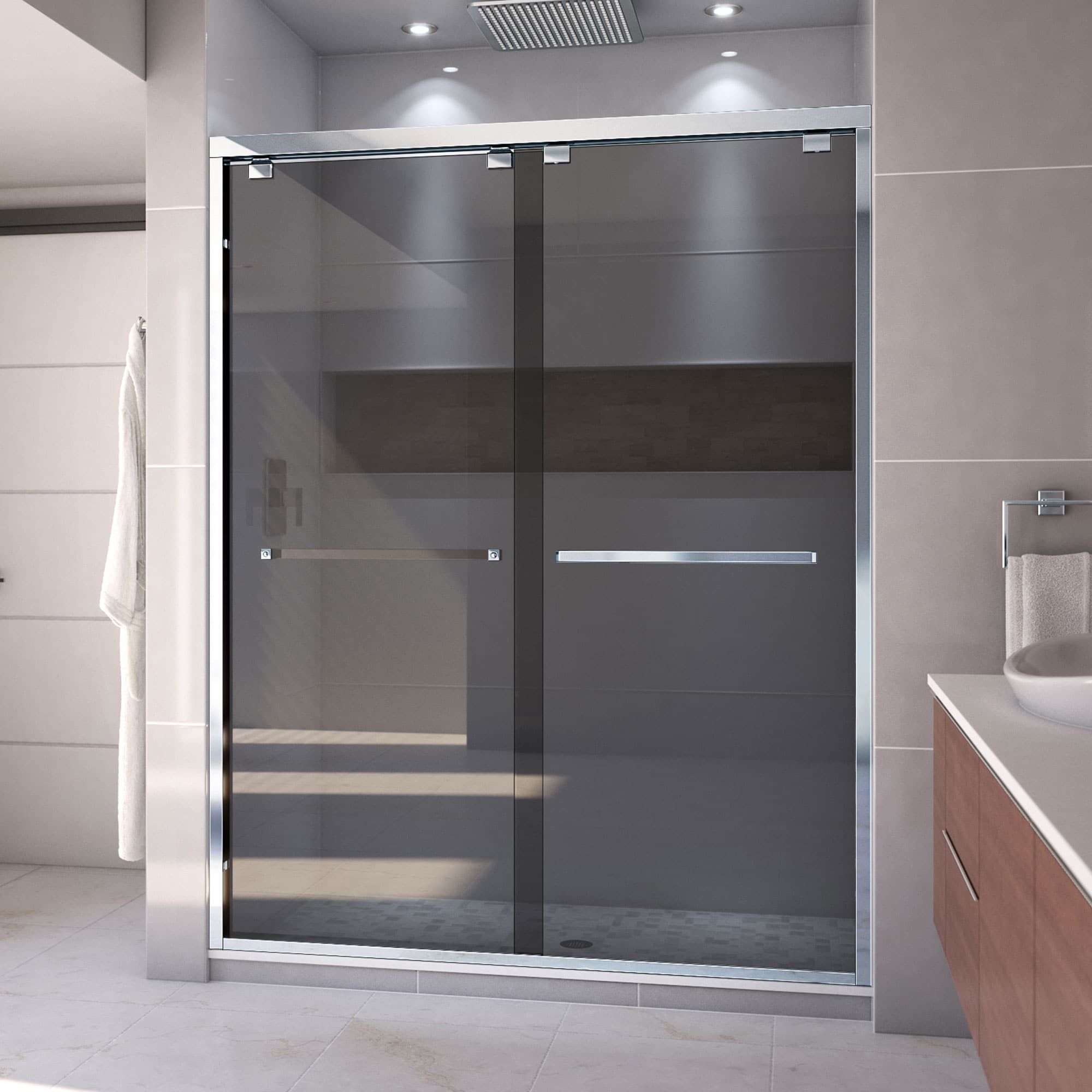 DreamLine SHDR-166076G-01 Encore Chrome 56-in to 60-in W x 76-in H Semi-frameless Bypass Sliding Shower door 5/16-in Thick Smoke gray Glass