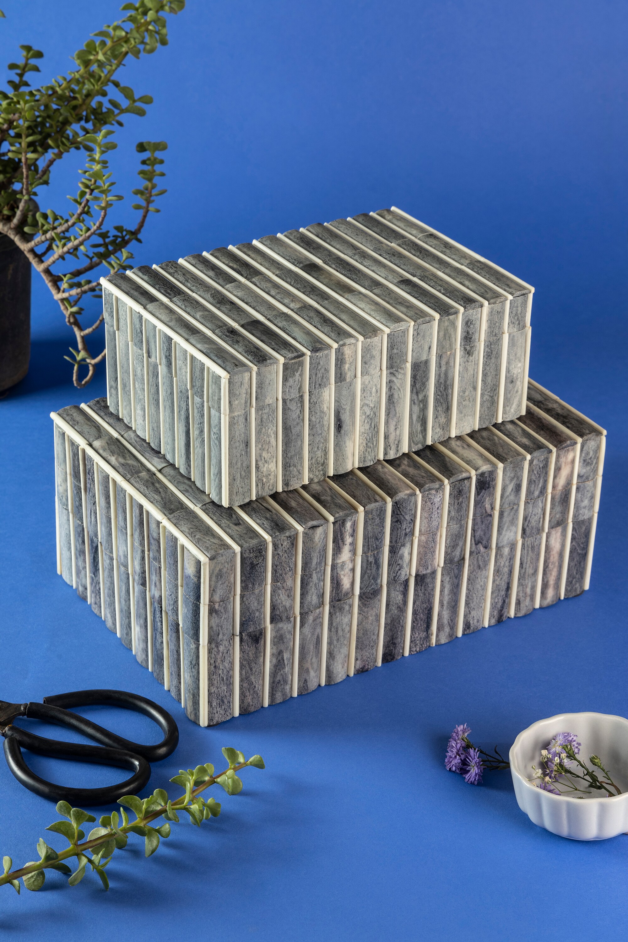 Gray and Ivory Carved Bone Decorative Boxes, Set of 2