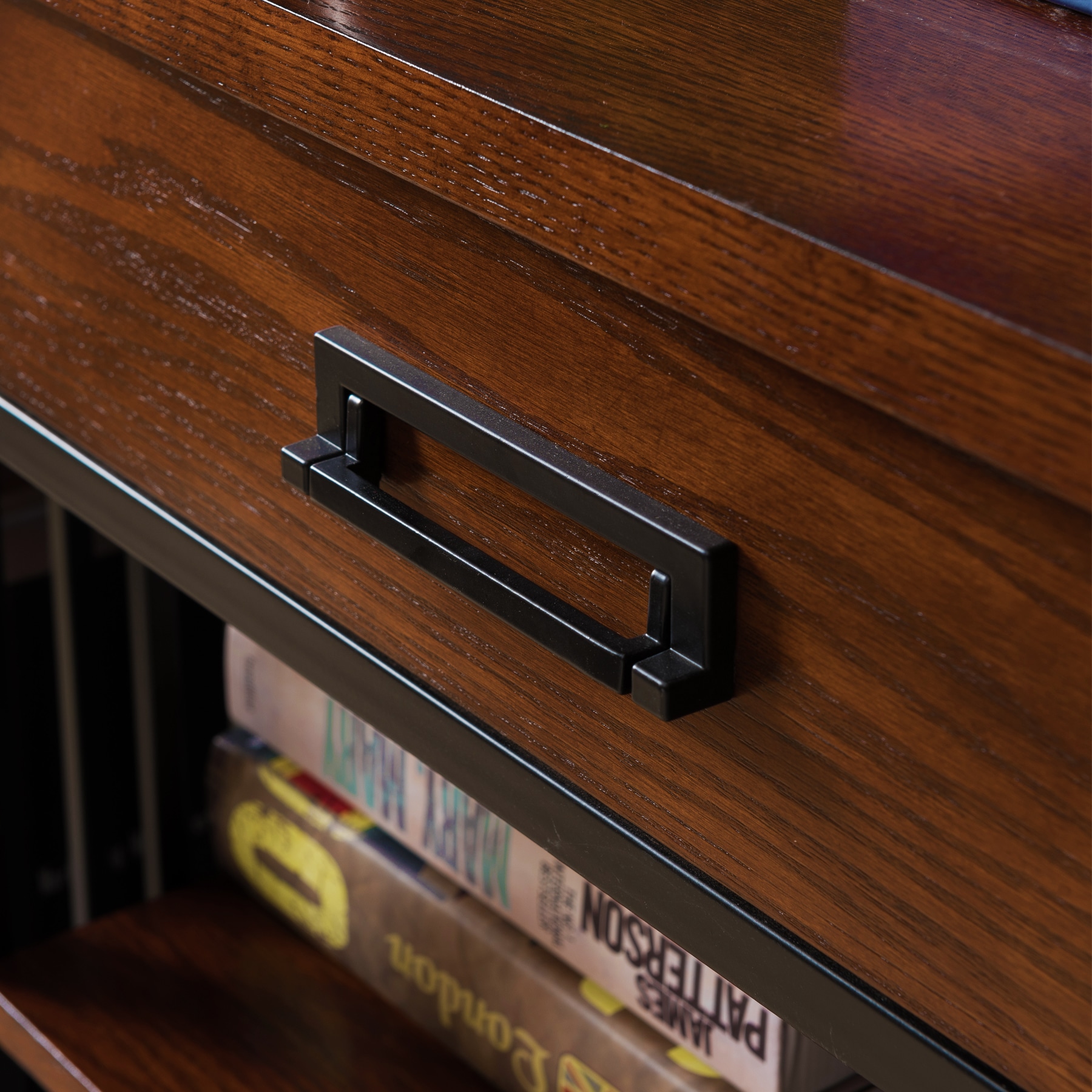 Adjustable Burnished Oak 30" Bookcase with Matte Black Base