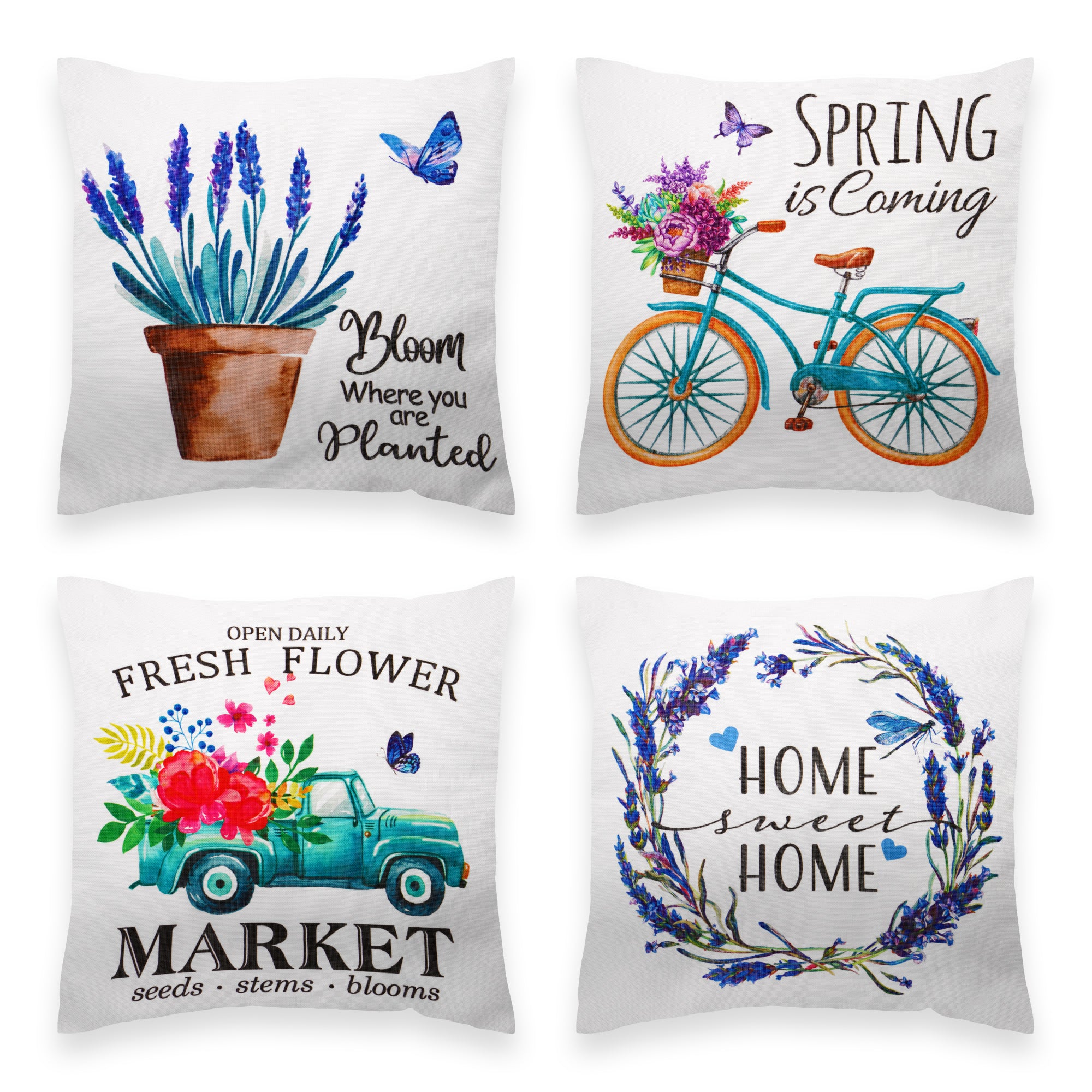 G128 PC-SPRFLOWER1-20P9-4 4-Piece 18-in x 18-in Square Decorative Spring Flowers Bloom Waterproof Pillow Covers