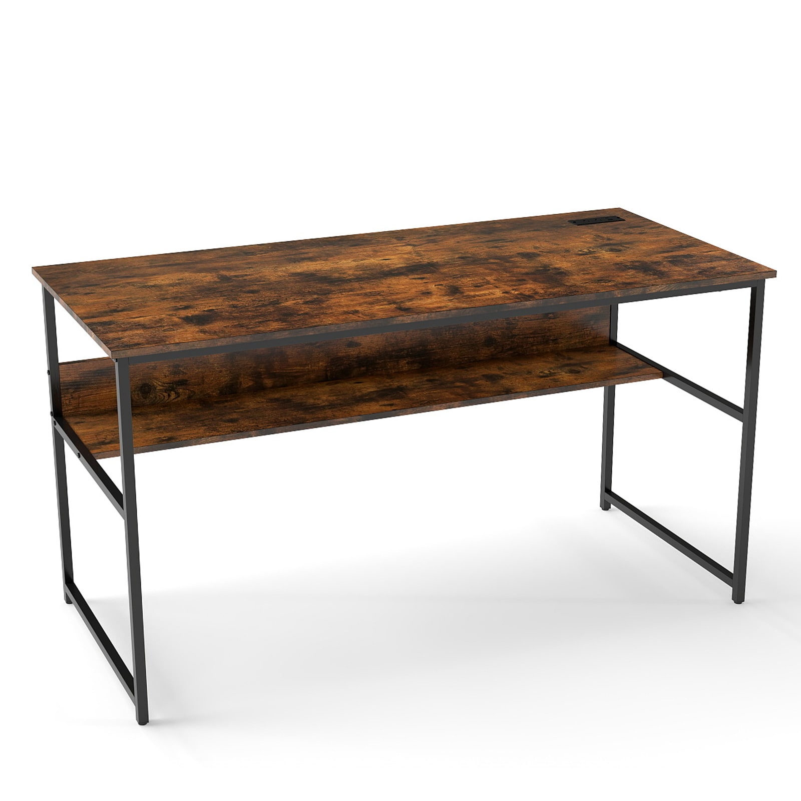Slickblue - Rustic Brown/Black Computer Desk with Charging Station and Under Desk Storage Shelf f...