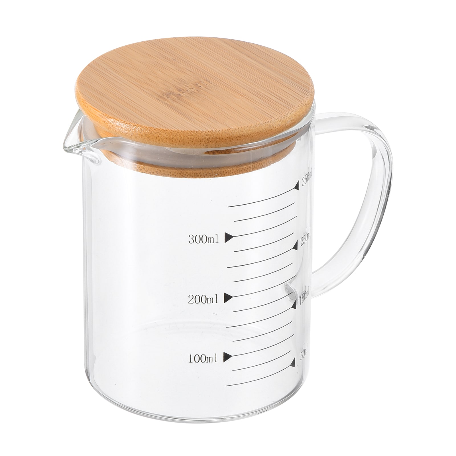 PATIKIL 350ml Glass Measuring Cup 3.3 Borosilicate Glass Graduated Black Printed Scale Liquid Measure Cups Beaker with Wood Lid and V-Shaped Spout for Kitchen #S26042401UX0367