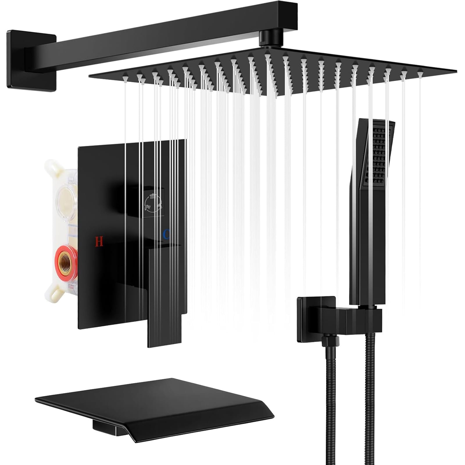 BYH H-SF004-MB Matte Black 1-handle Multi-function 10-in Rectangle Bathtub and shower Faucet with Valve
