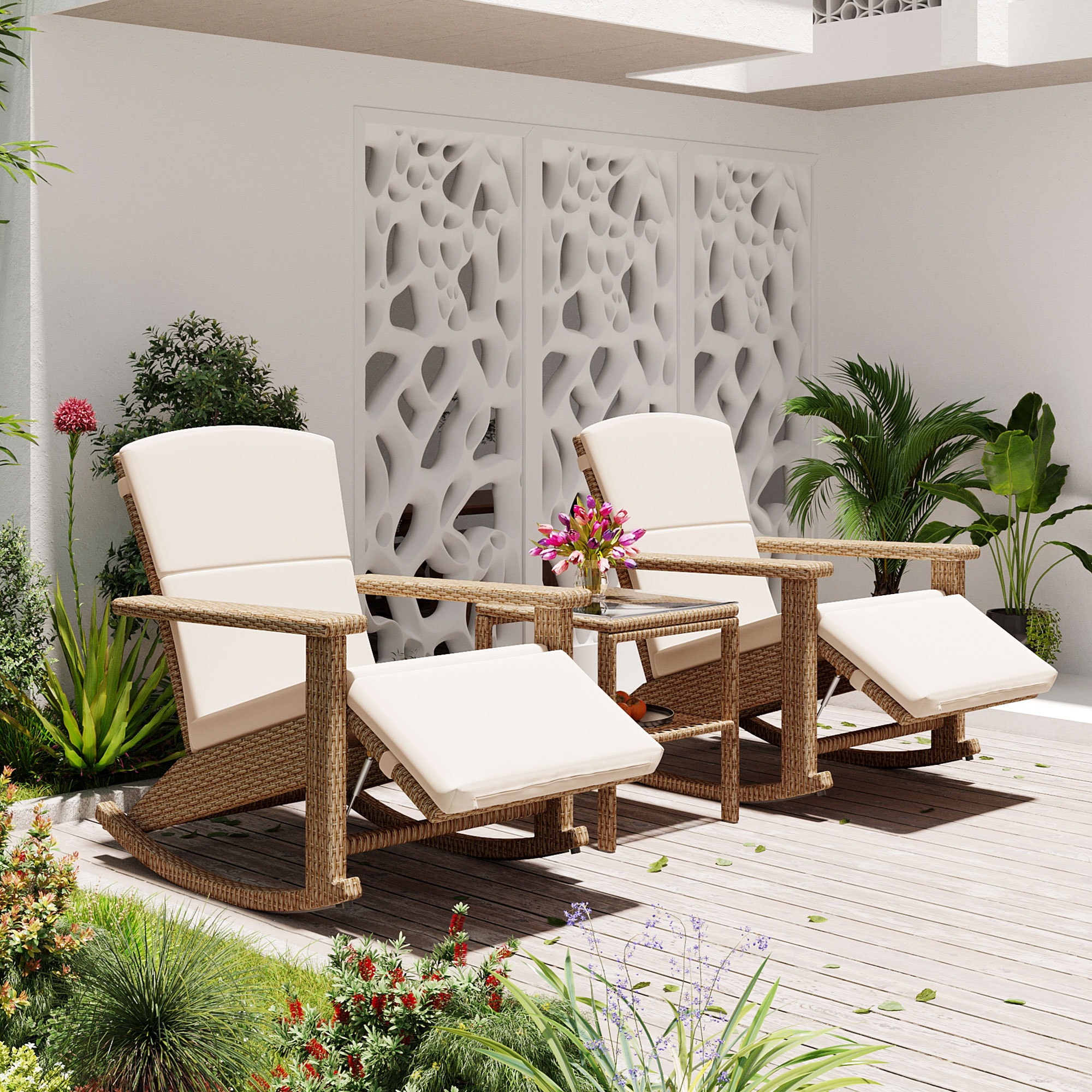 ModernLuxe L-WF322817AAA Adjustable Outdoor Wicker Double Rocking Chair with Table Set of 2 Wicker Brown HDPE Frame Rocking Chair with Off-white Cushioned Seat