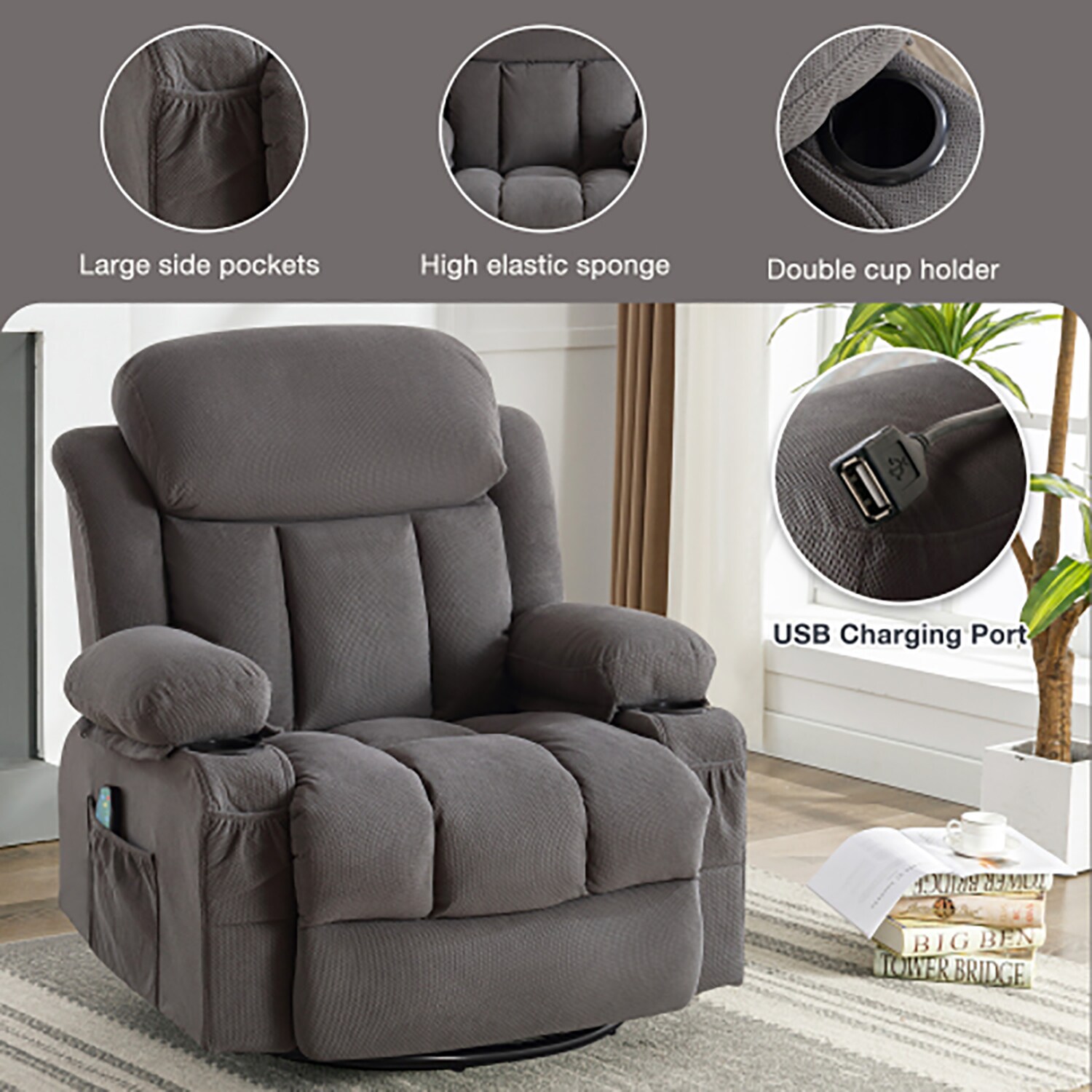 Sumyeg Recliner chair Gray Velvet Upholstered Swivel Massage Chair in ...