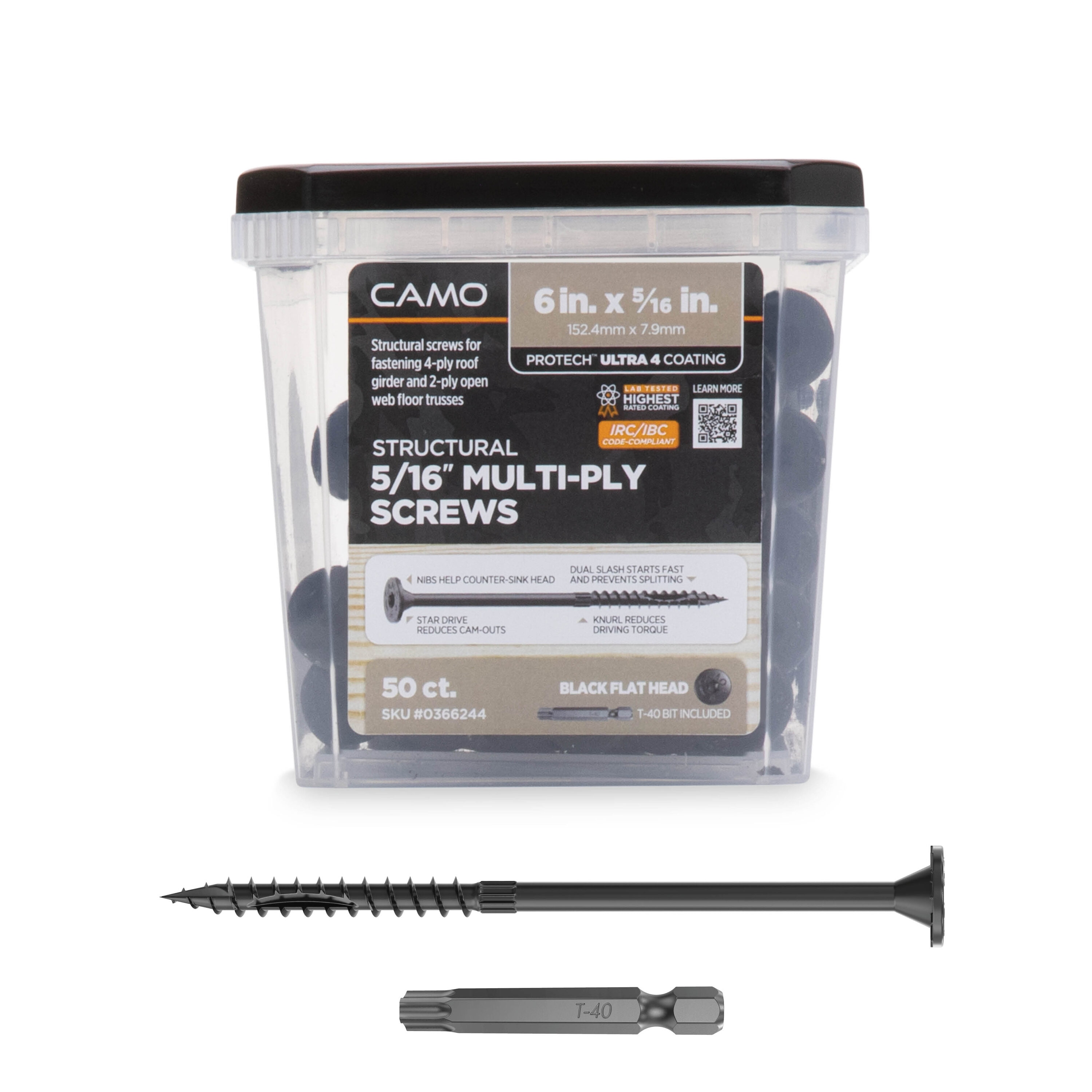 CAMO 0366244 5/16-in x 6-in Black Polymer Flat -Head Exterior Structural wood screws 50 -Pack