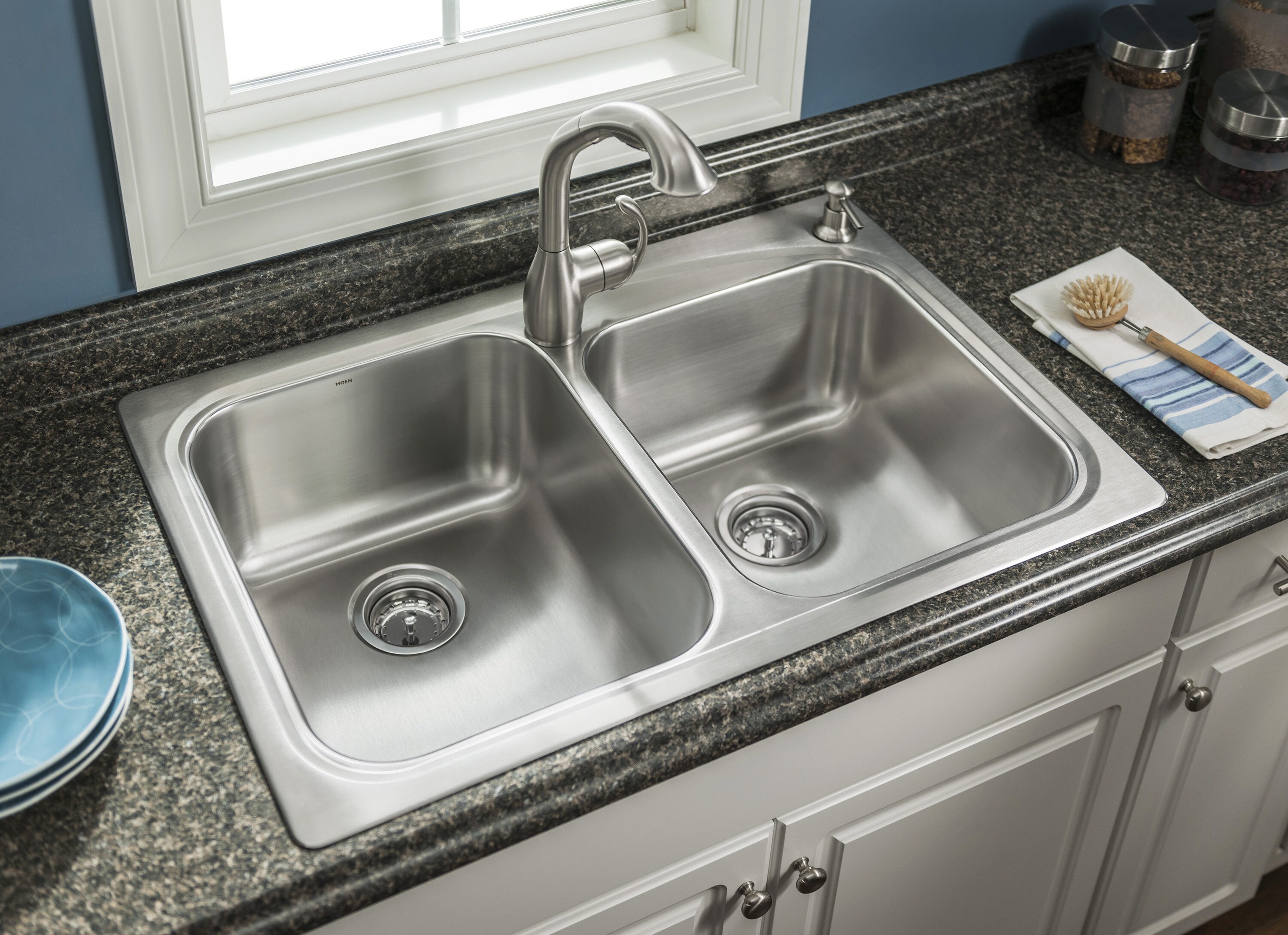 Moen Neva Dual-mount 33-in x 22-in Stainless Steel Double Offset Bowl 2 ...