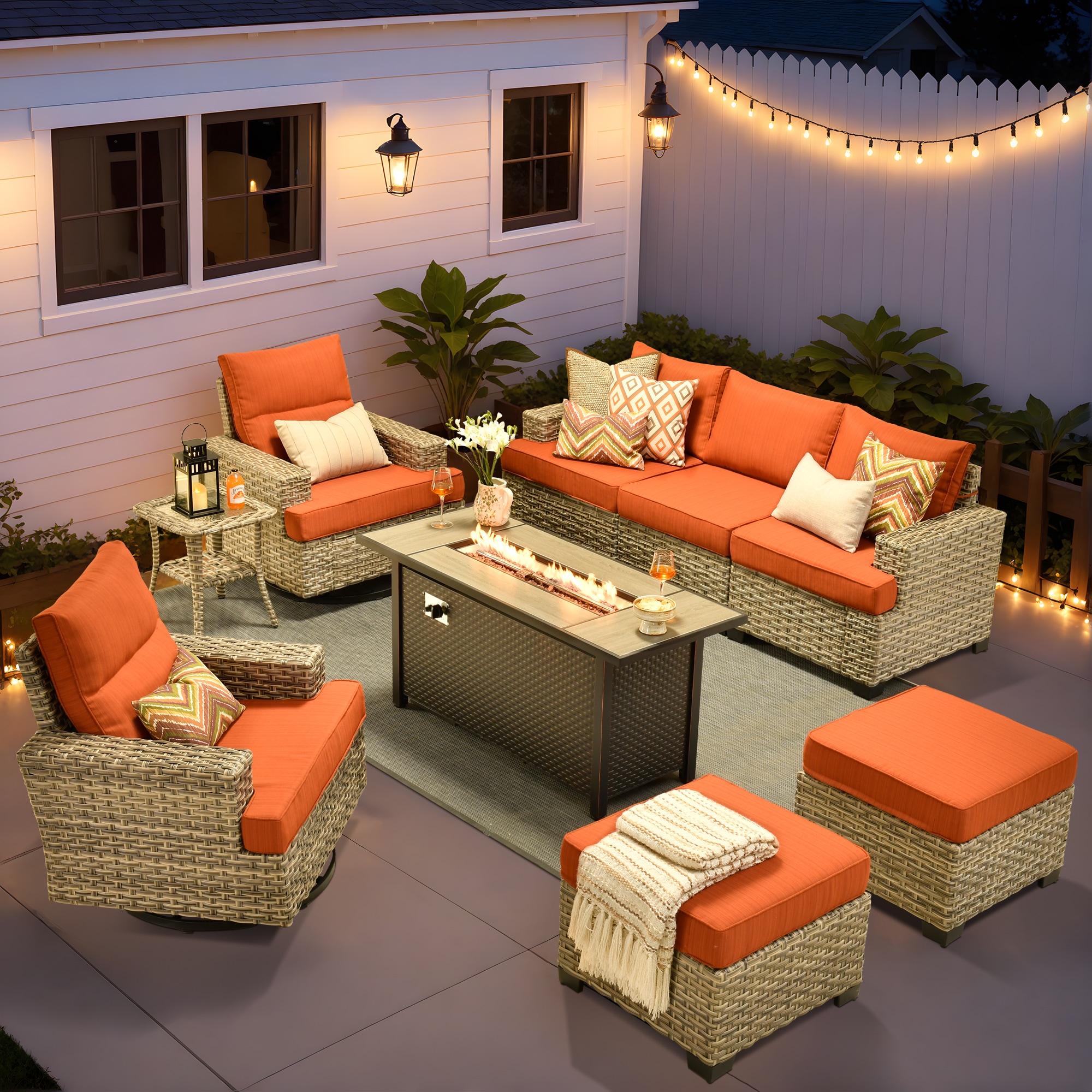 Ovios RFP5TS808Y 9 -Piece Rattan Patio Sofa Conversation Set with Orange Cushions