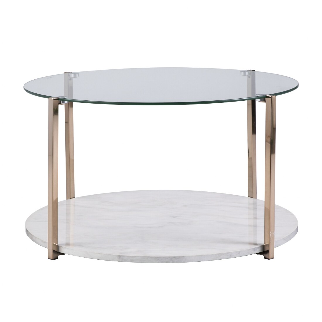 Modern Gold Metal Frame Glass Top Coffee Table with Faux Marble Bottom Shelf | - HomeRoots 4000402128