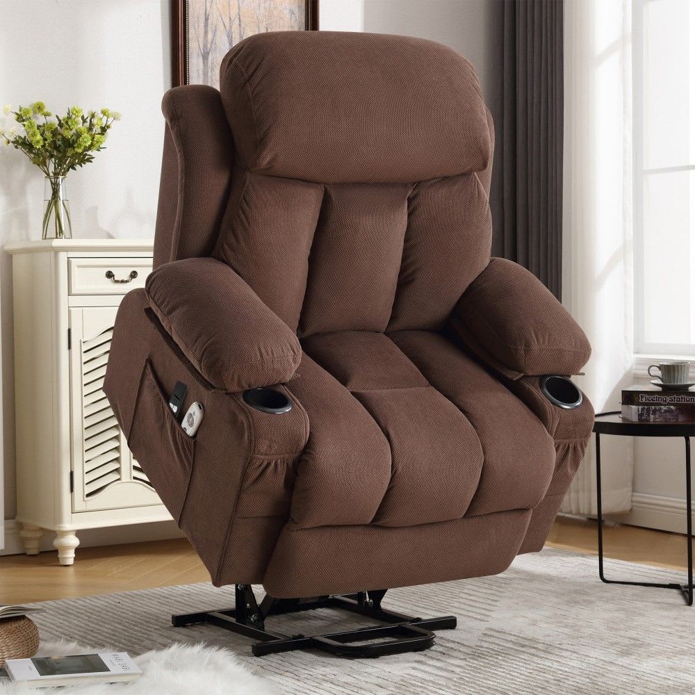 Coolbibila WADE-RECLINER-BROWN Brown Velvet Elderly Power Lift Massage Recliner Chair with USB Port and Cup Holders for Living Room