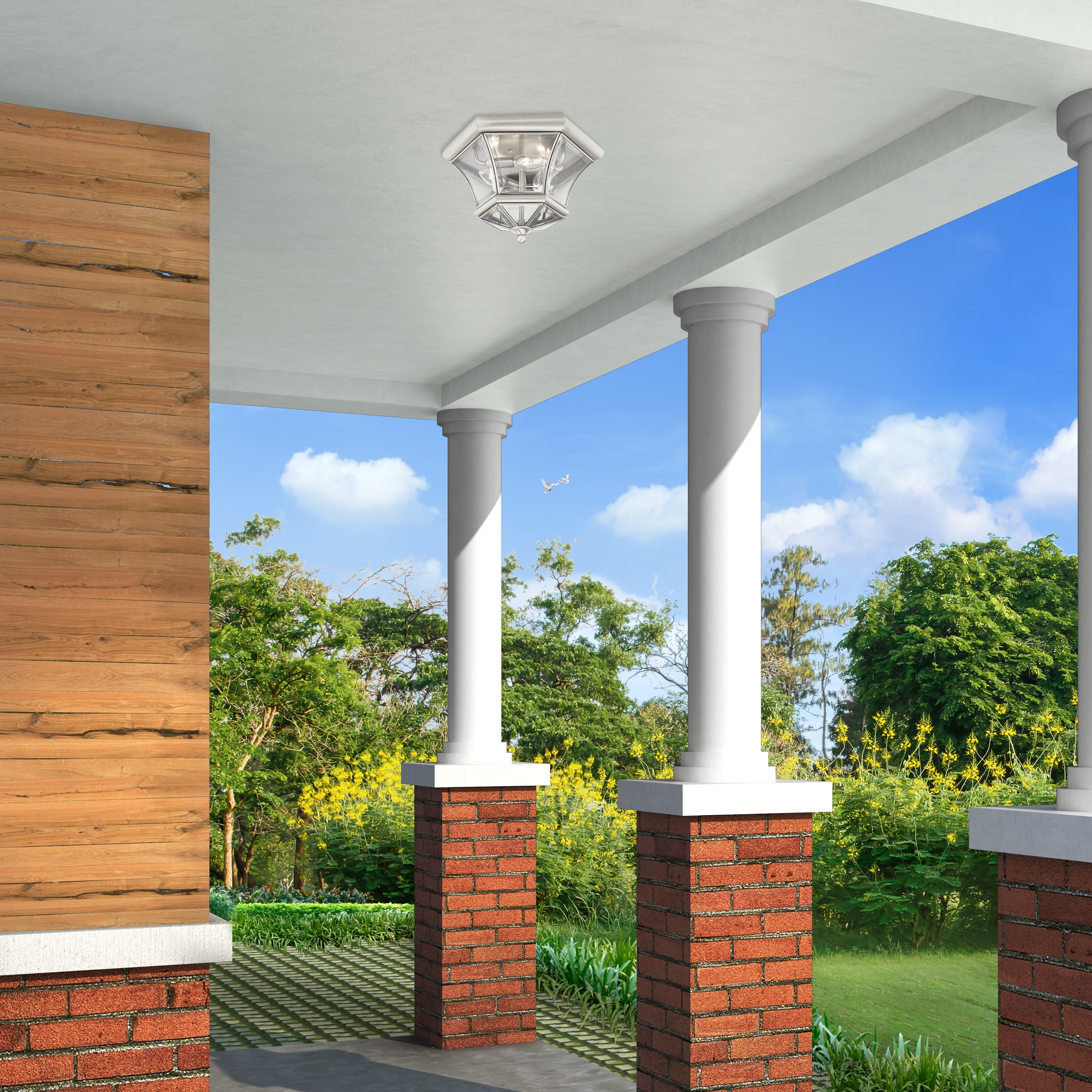 Brushed Nickel 3-Light Indoor/Outdoor Flush Mount with Clear Glass