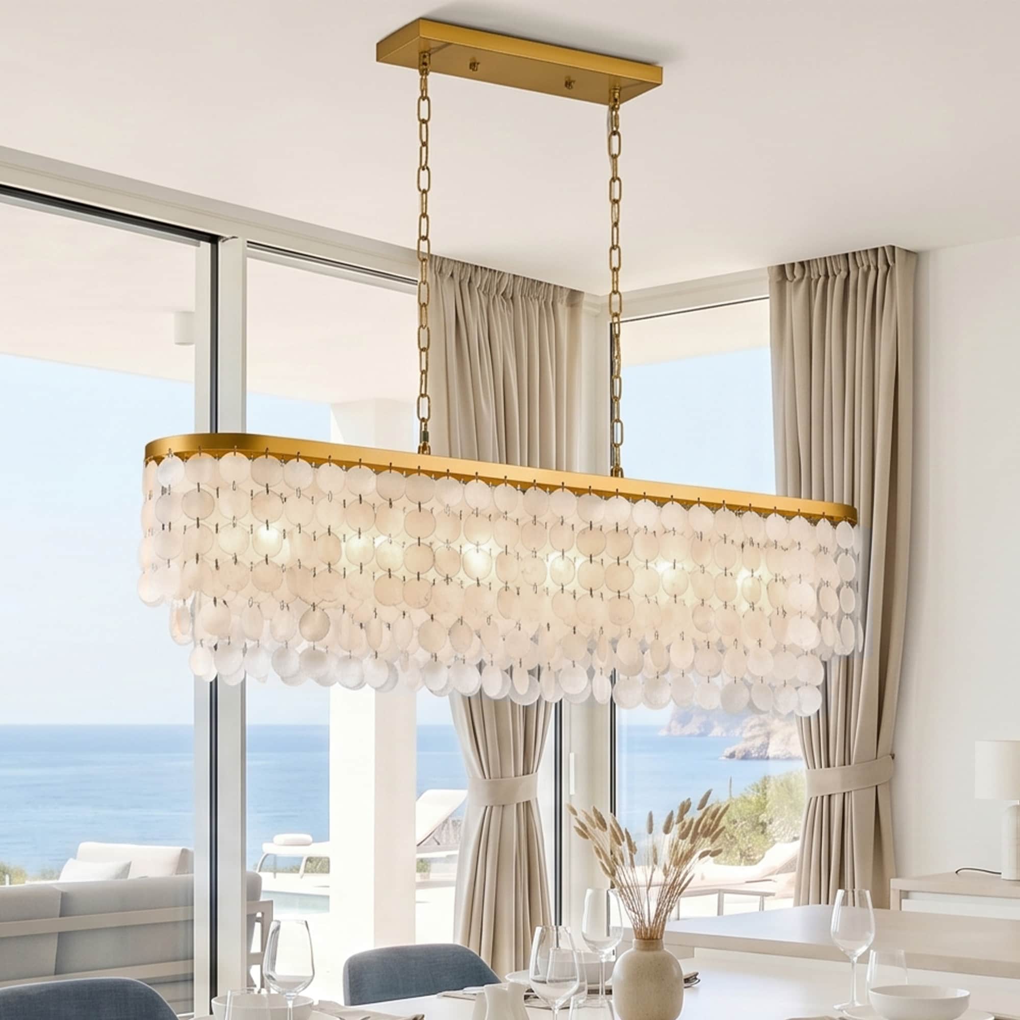 kanslol 6-Light Antique Gold Capiz Shell Wrought iron Chandelier Adjustable Hanging Ceiling Fixture for Dining Room