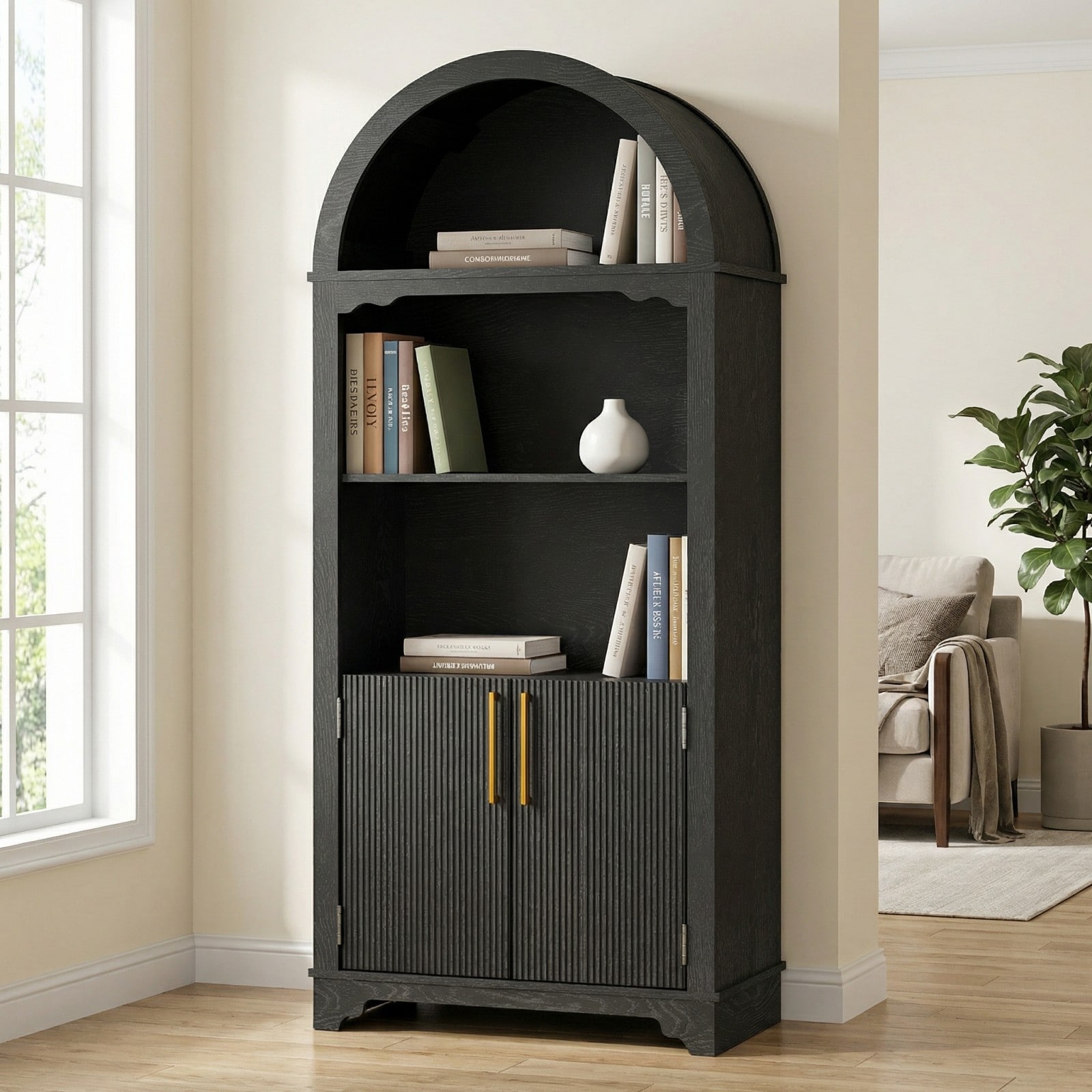 GlasFlength  70-Inch Arched Storage Cabinet Multi Tier Display Bookshelf with Door Protection and Adjustable Shelf Organization for Living Room Dining Room Kitchen or Home Office Dark Brown