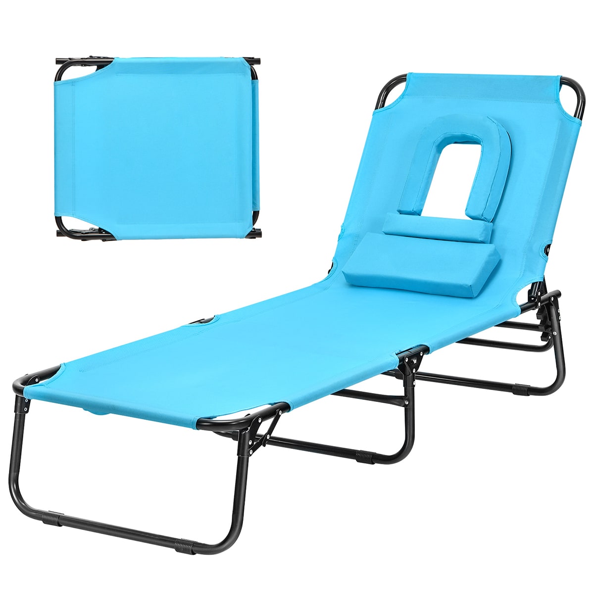 WELLFOR TDZ10028NY Stackable Black Steel Frame Stationary Chaise Lounge Chair with Blue Cushioned Seat