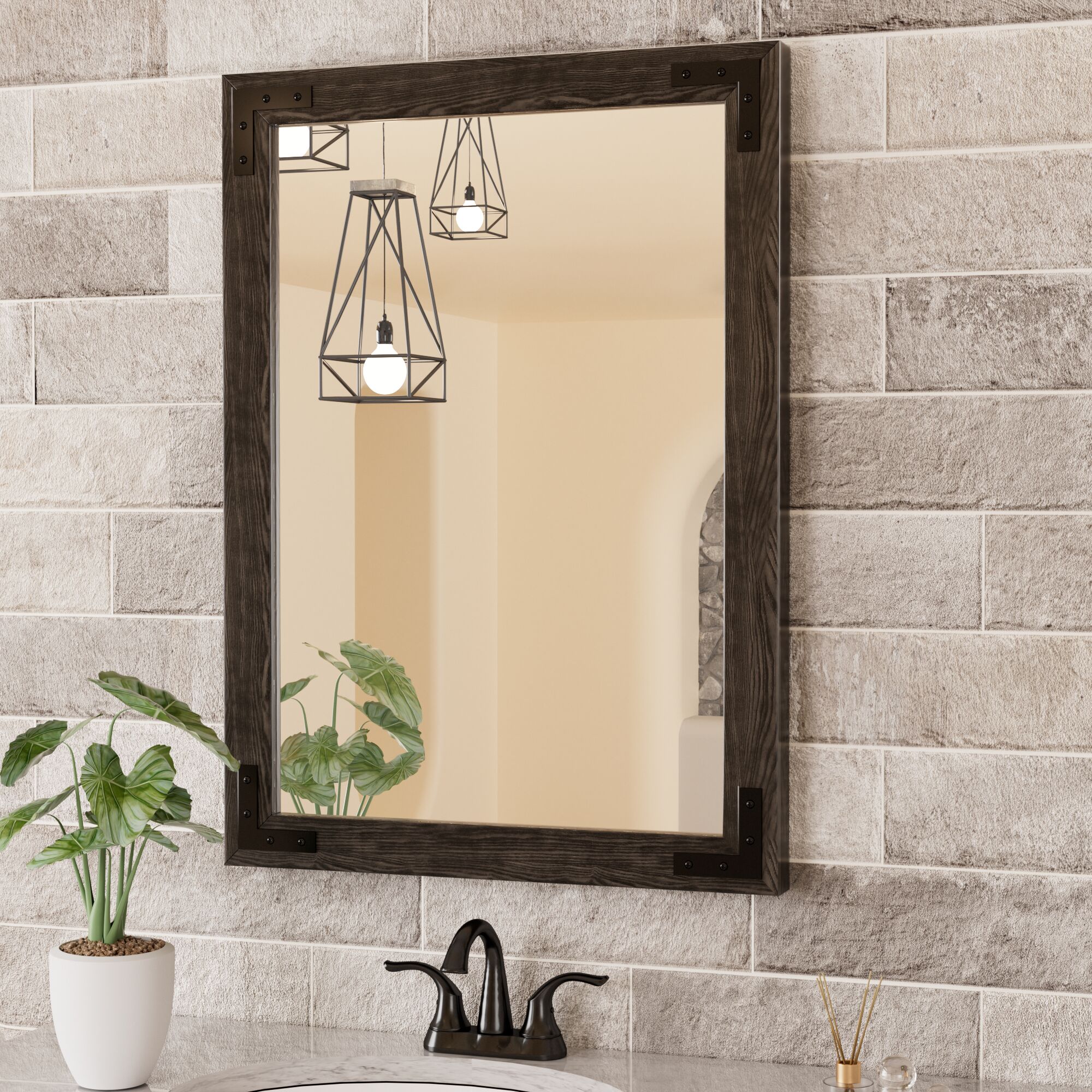 TETOTE 22 x 30 in Black Pine Wood Framed Mirror Bathroom Wall Mirror