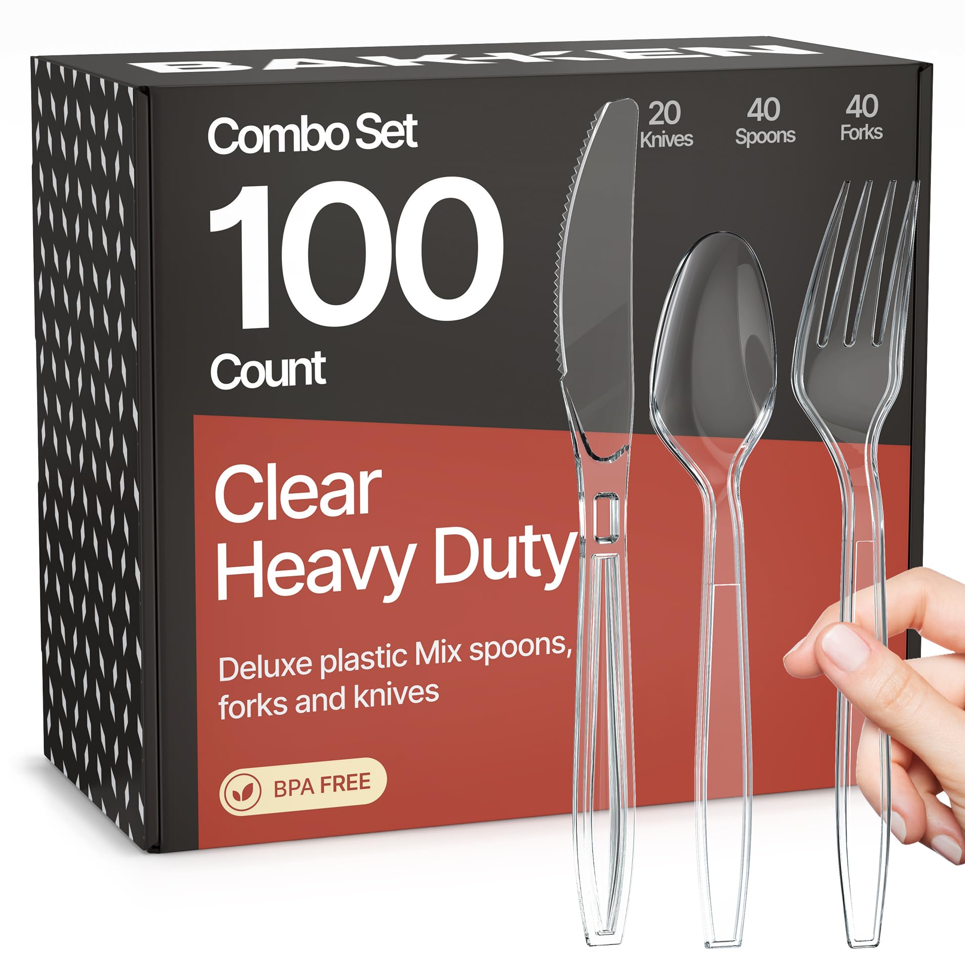 Bakken Swiss Bakken Disposable Cutlery Set 100 Pieces Forks Knives and Spoons Heavy Duty Plastic Silverware BPA Free Food Grade Heat Resistant Reusable Utensils for Parties and Everyday Use Clear