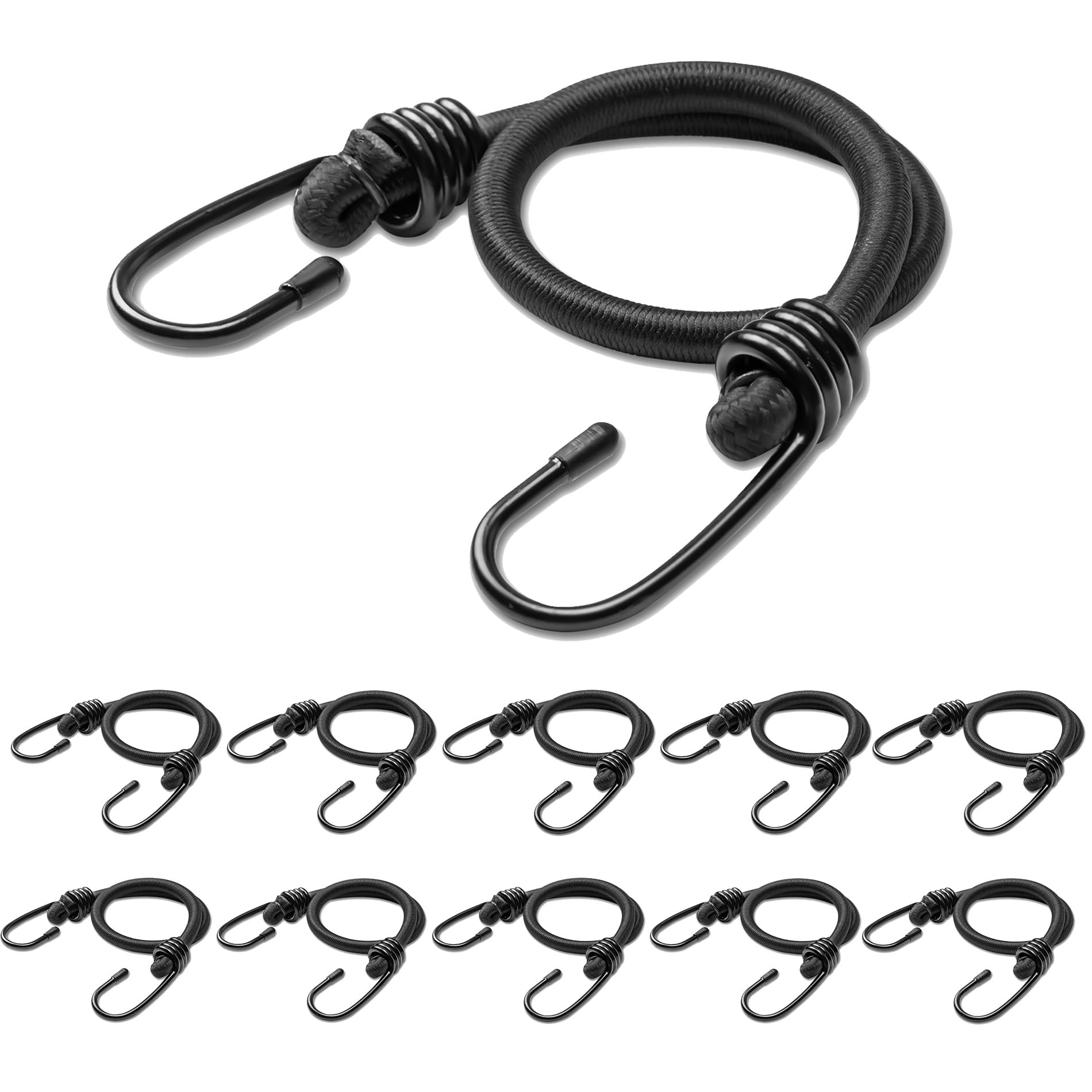 DYRCJ  12inch Bungee Cords with Heavy Duty Hooks 10 Pack Black Outdoor Elastic Straps for Camping Luggage Bike Rack Tarps and Tent Securing
