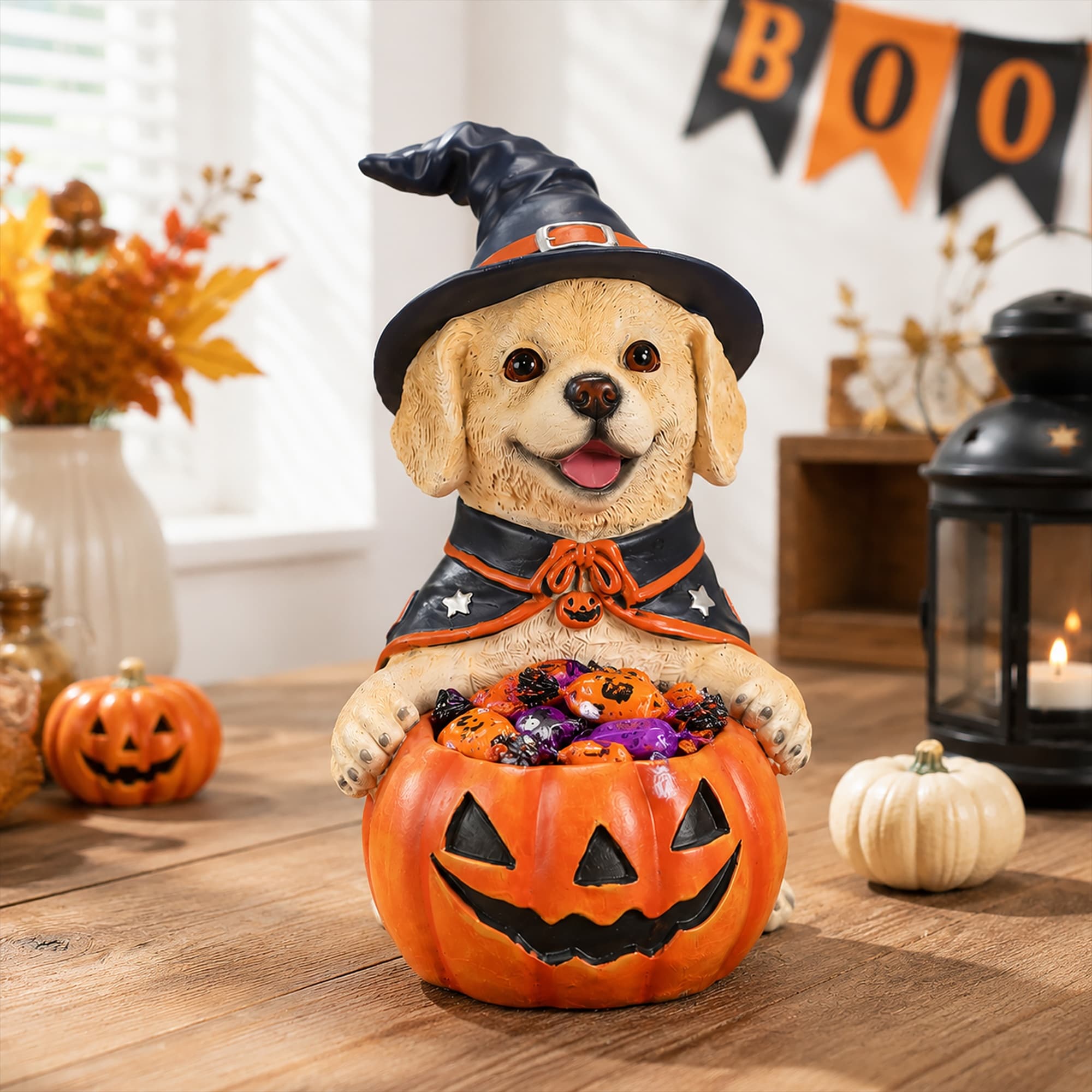 Vorene Halloween Labrador Witch Puppy Figurine Cute Dog Pumpkin Candy Bowl Decor