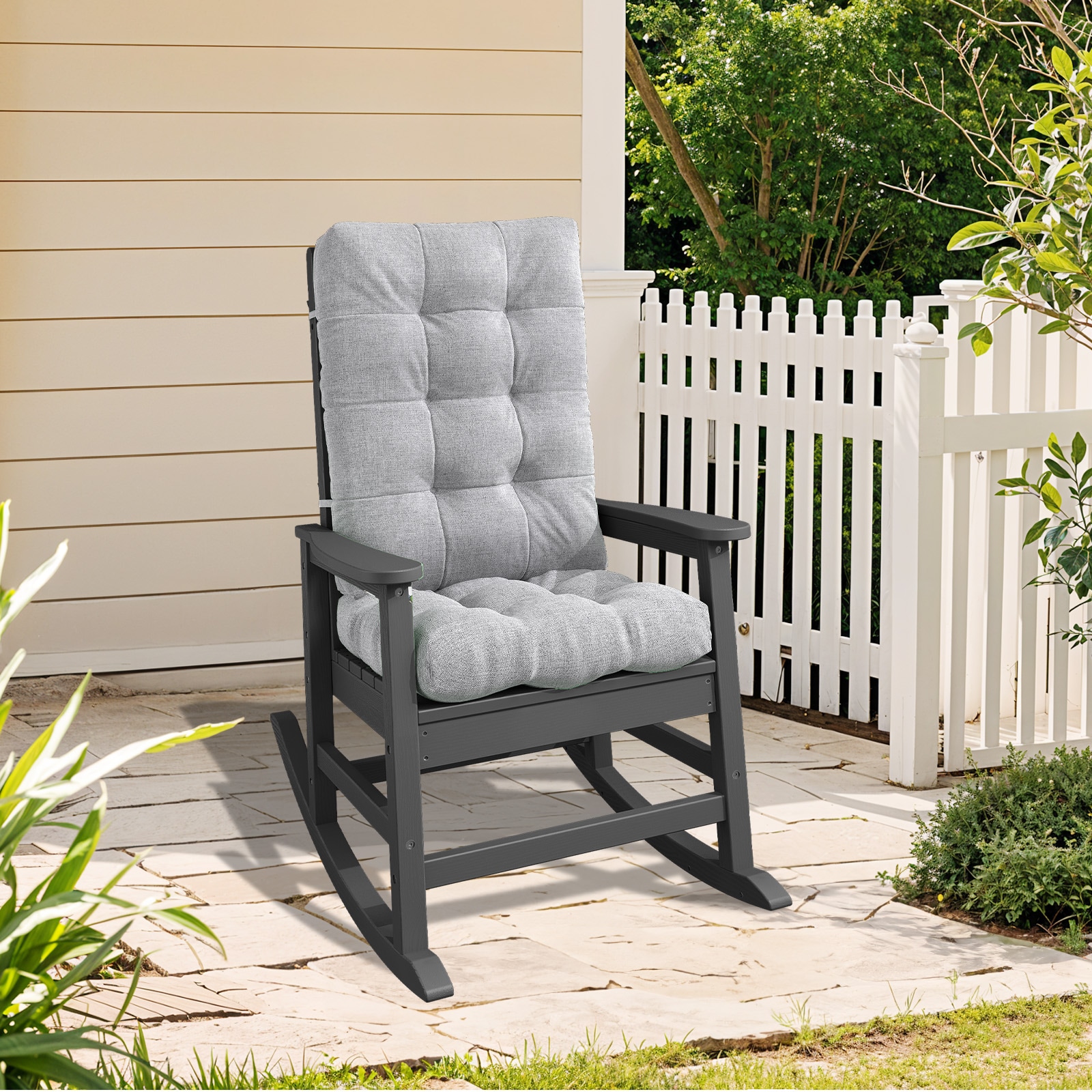 JEAREY 03YY-DZ-GY Patio Rocking Chair with Cushion Gray HDPE Frame Rocking Chair with Gray Cushioned Seat