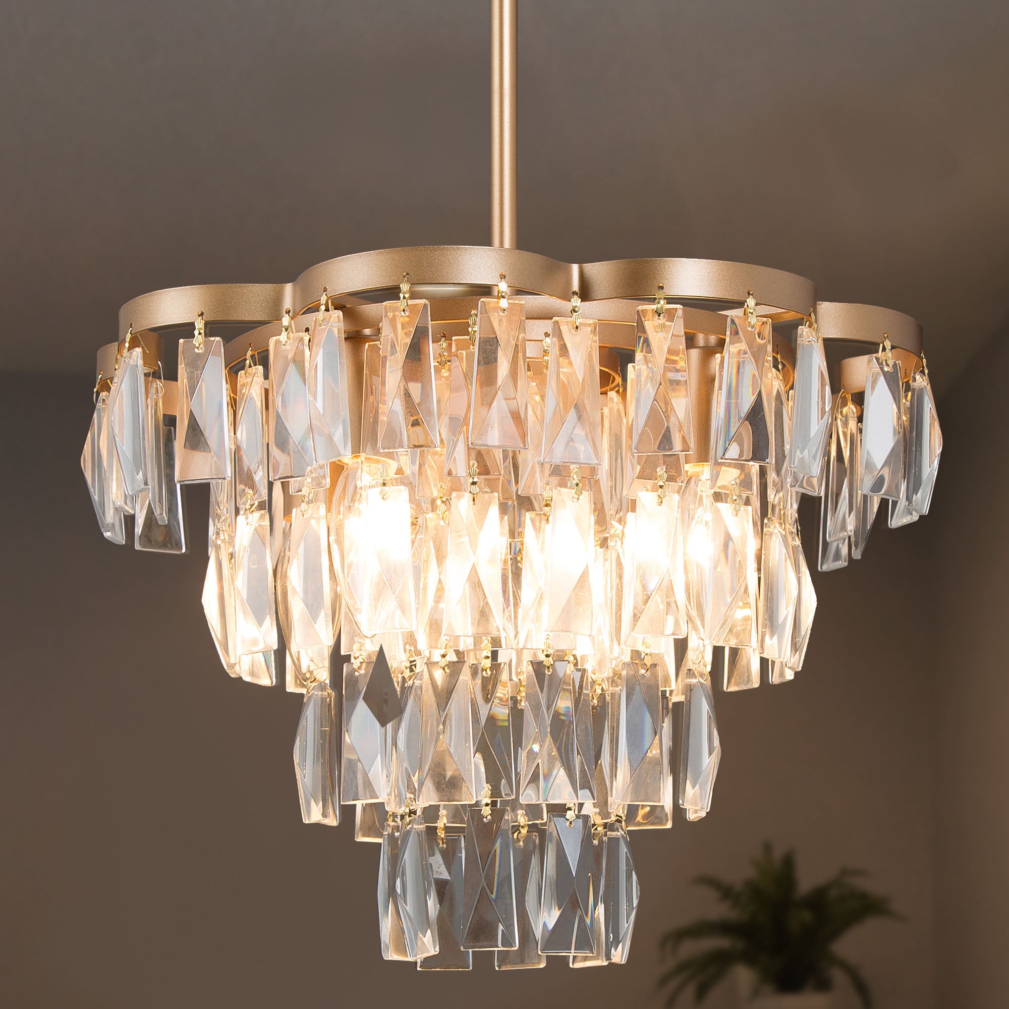 Uolfin 4-Light Chandeliers Tiered department Modern/Contemporary Dry with LED rated Crystal Mid-century Glam Chandelier in Empire the at Gold