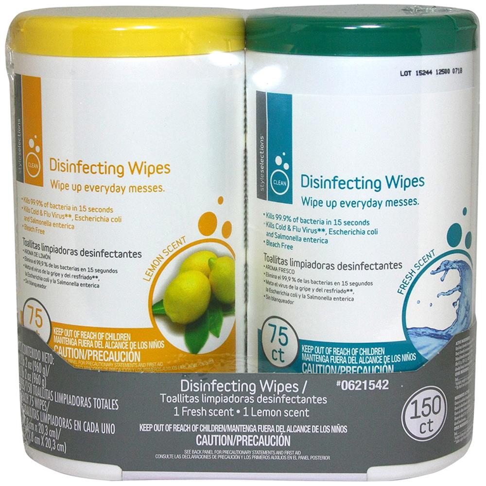 Style Selections 89-150FL337 150-Count 1 Fresh and 1 Lemon Disinfectant Wipes All-Purpose Cleaner (2-Pack)