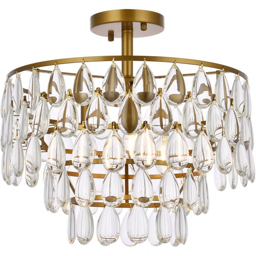 Elegant Lighting Mila 3 - Light Brass Brass Contemporary Incandescent Crystal And Iron Flush Mount Light