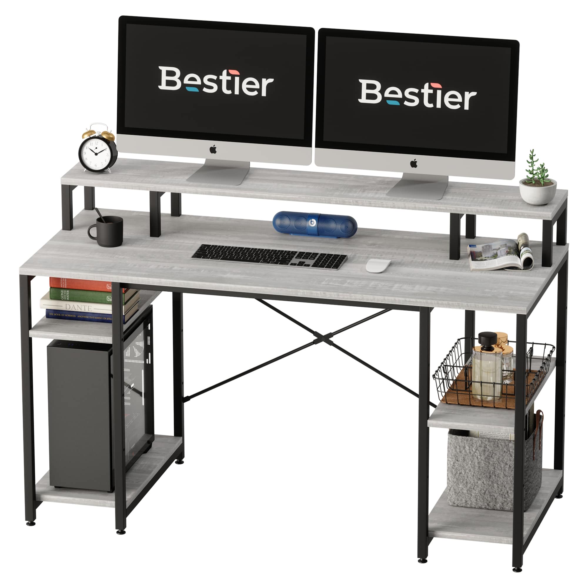 Bestier LOW-D074G-WHTW 55.12-in W 4-Shelf White Computer Desk with Monitor Shelf