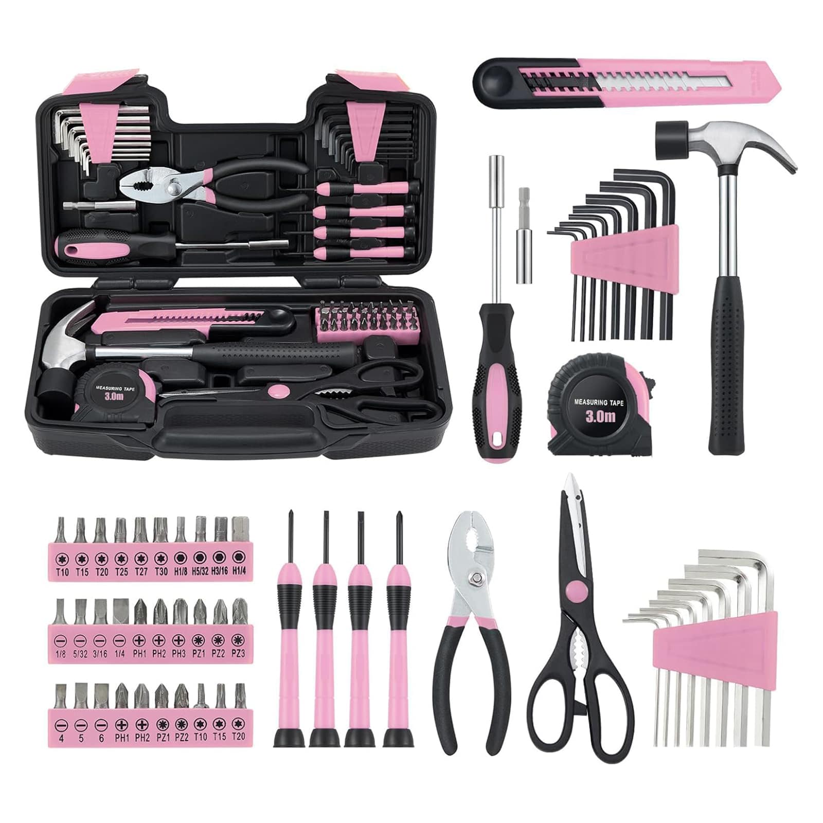 Etokfoks EFT1004J10 58 Piece Household Tool Set with Plastic Toolbox Storage Case All Purpose Hand Tool Kit for Women Girls and Ladies Pink