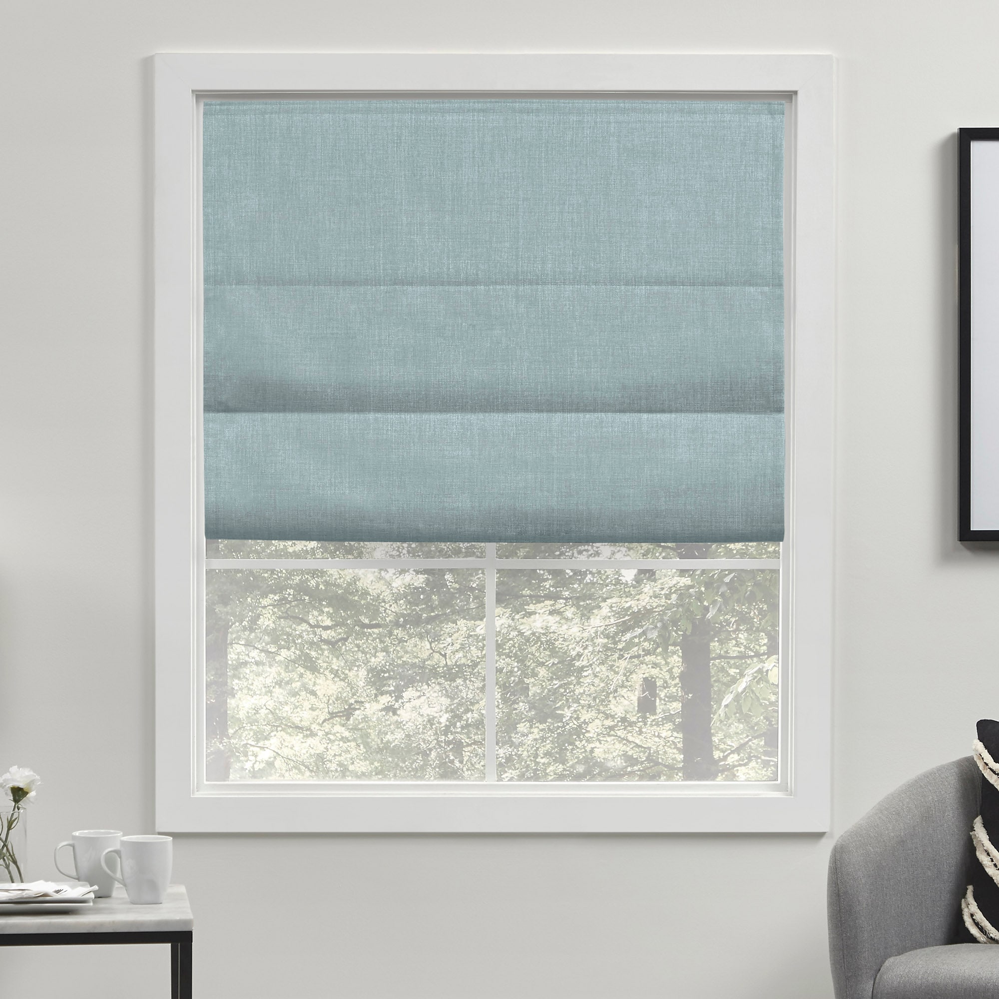 Acadia Aqua Cordless Blackout Roman Shade with Linen Fabric, 31" x 64"