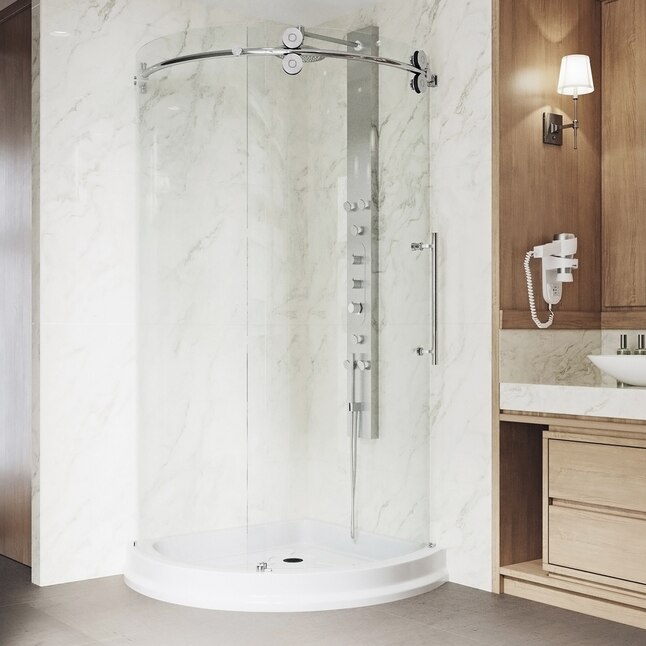 Sanibel 43.625 in. x 79.5 in. Frameless Bypass Shower Enclosure in Chrome and Left Base Sanibel 43.625 in. x 79.5 in. Frameless Bypass Shower Enclosure in Chrome and Left Base
