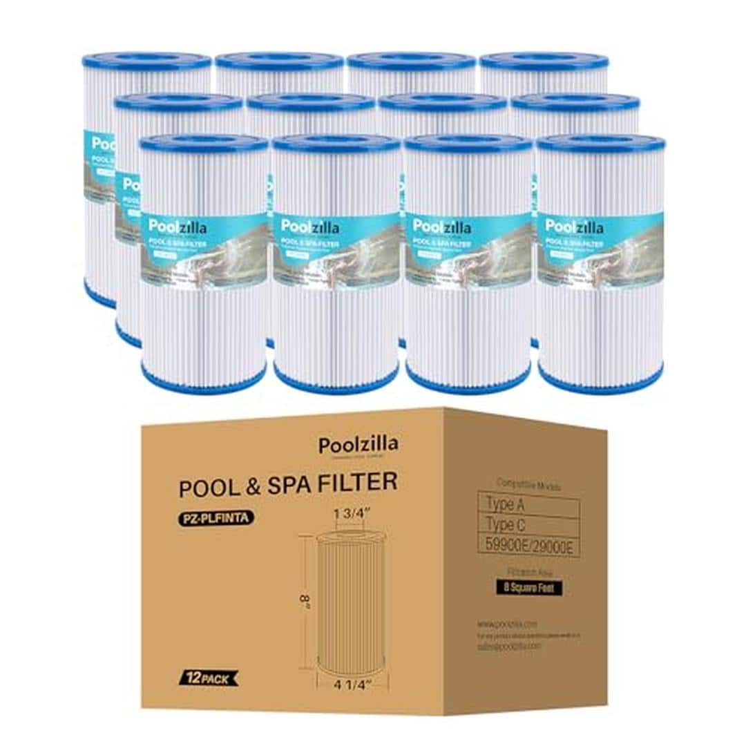 Poolzilla PZ-INTA-12PC 12 Pack Pool Filter Cartridge for Type A or C Compatible with Intex 29000E and 59900E Easy Set Pool Filters Summer Escapes or Summer Waves Above Ground Pools