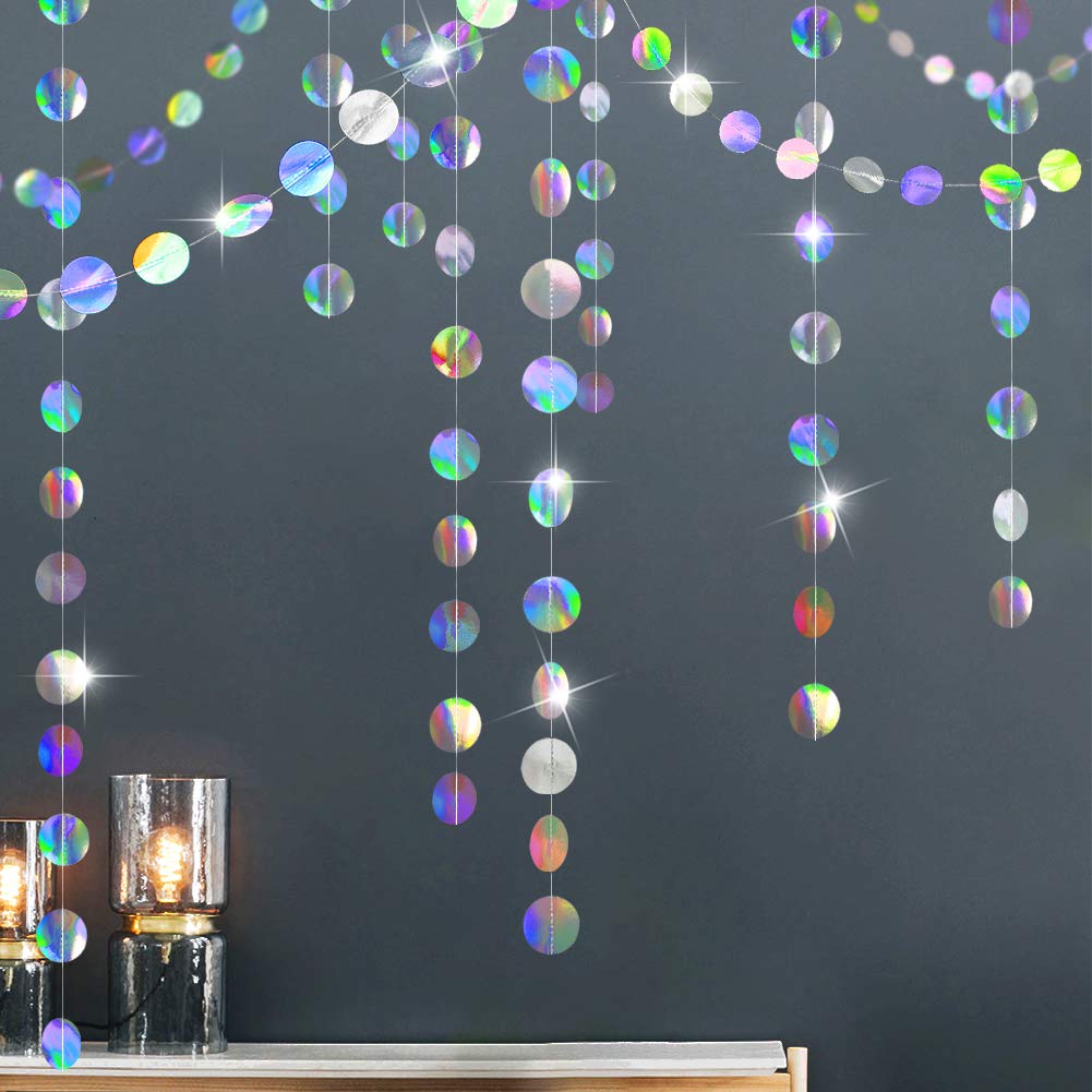 Phewnyzo  Iridescent Party Garland 4 Pack 52 ft Holographic Circle Streamers for Disco Birthday Bachelorette Graduation New Year Decorations